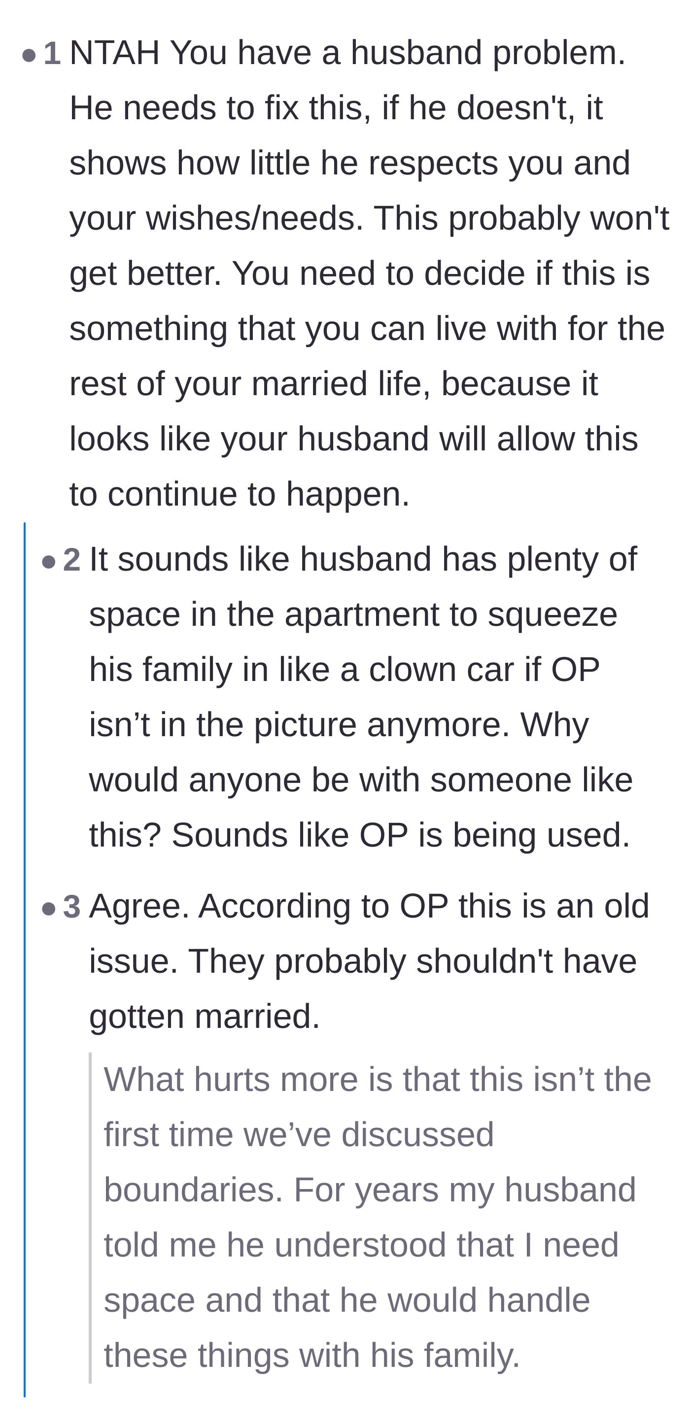 Comment thread 3 - Debating whether the husband intentionally waited until after the wedding to spring his family's true expectations on his new wife.