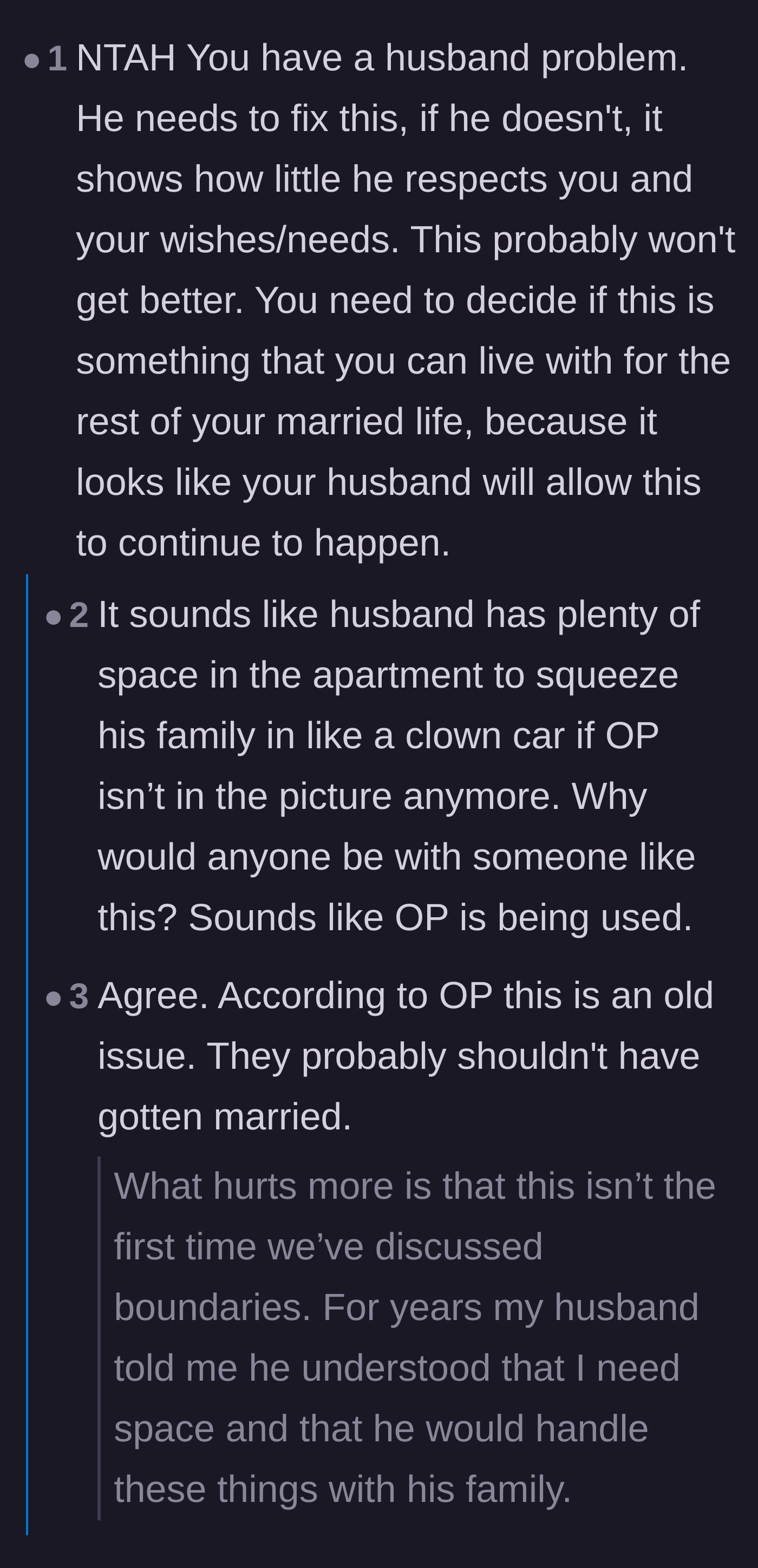 Comment thread 3 - Debating whether the husband intentionally waited until after the wedding to spring his family's true expectations on his new wife.