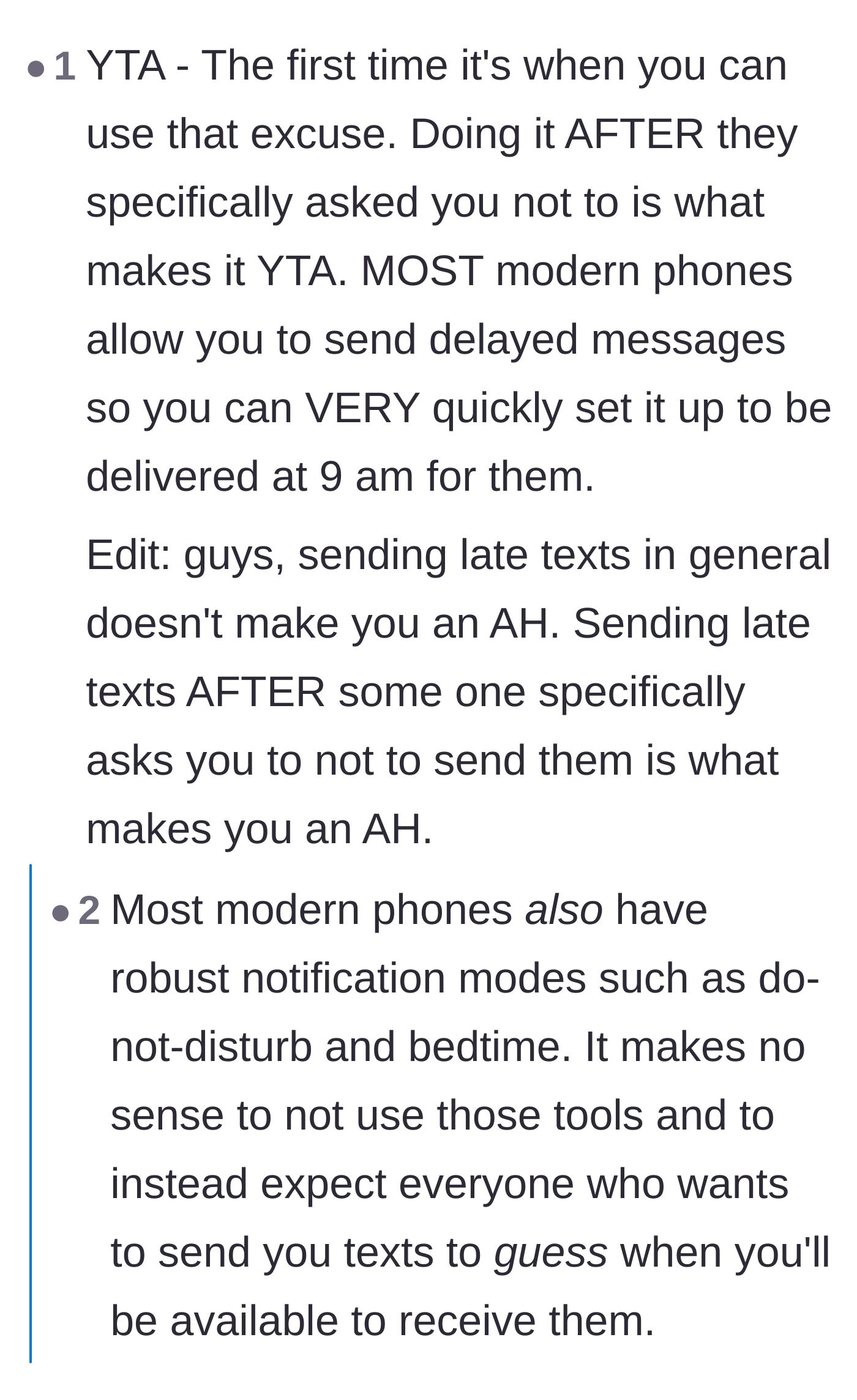 Comment thread 1 - A debate about how ignoring a direct request to stop texting makes the behavior intentional, alongside discussions about needing ringers on for medical emergencies.
