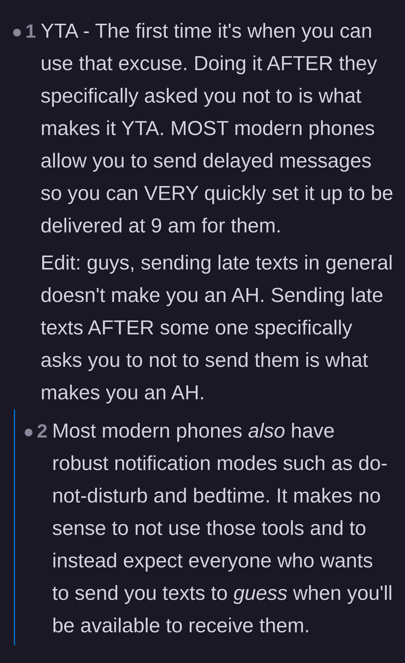 Comment thread 1 - A debate about how ignoring a direct request to stop texting makes the behavior intentional, alongside discussions about needing ringers on for medical emergencies.
