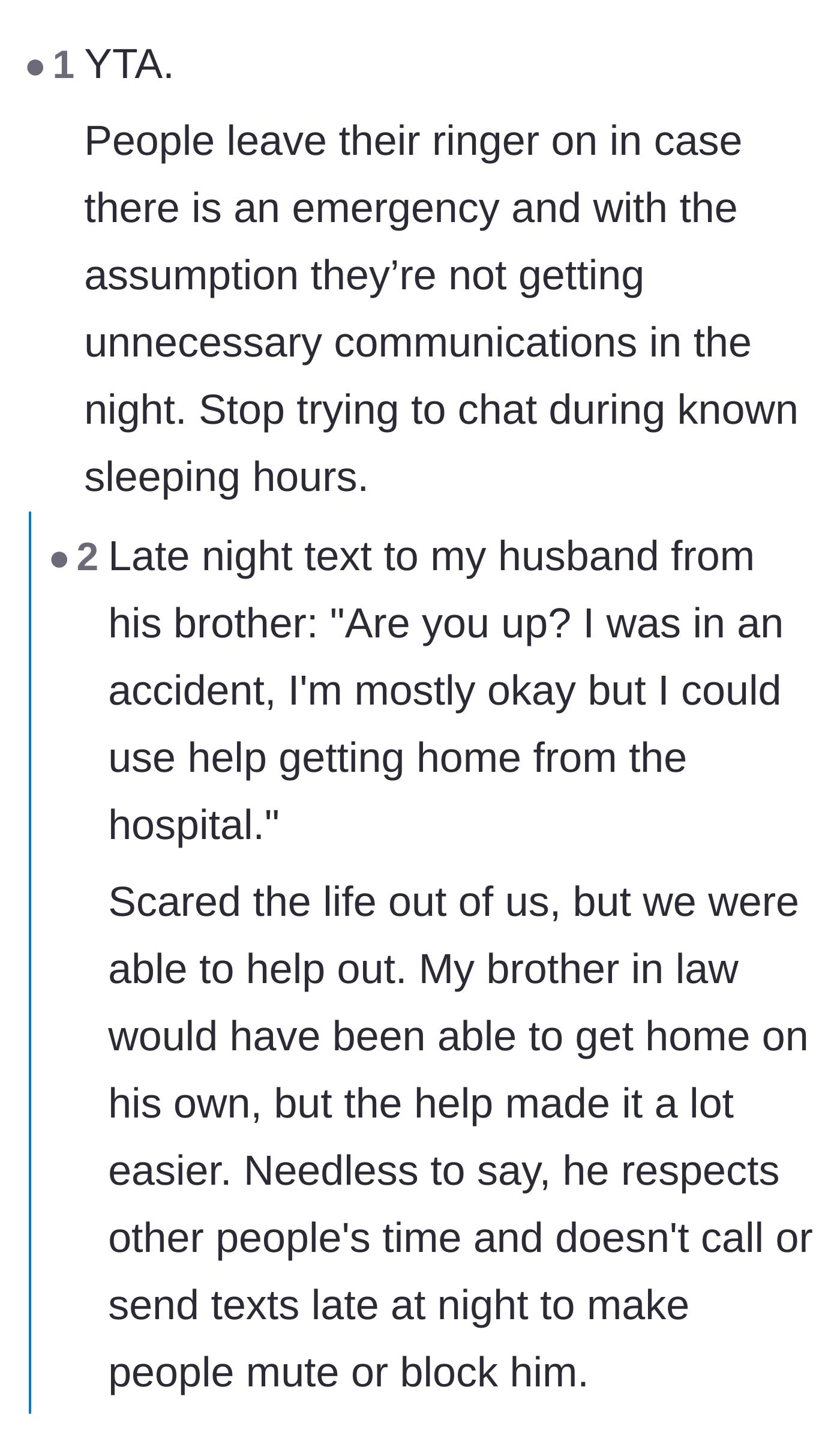 Comment thread 2 - A user sharing a scary story about a late-night emergency text from an injured family member to explain why ringers stay on.
