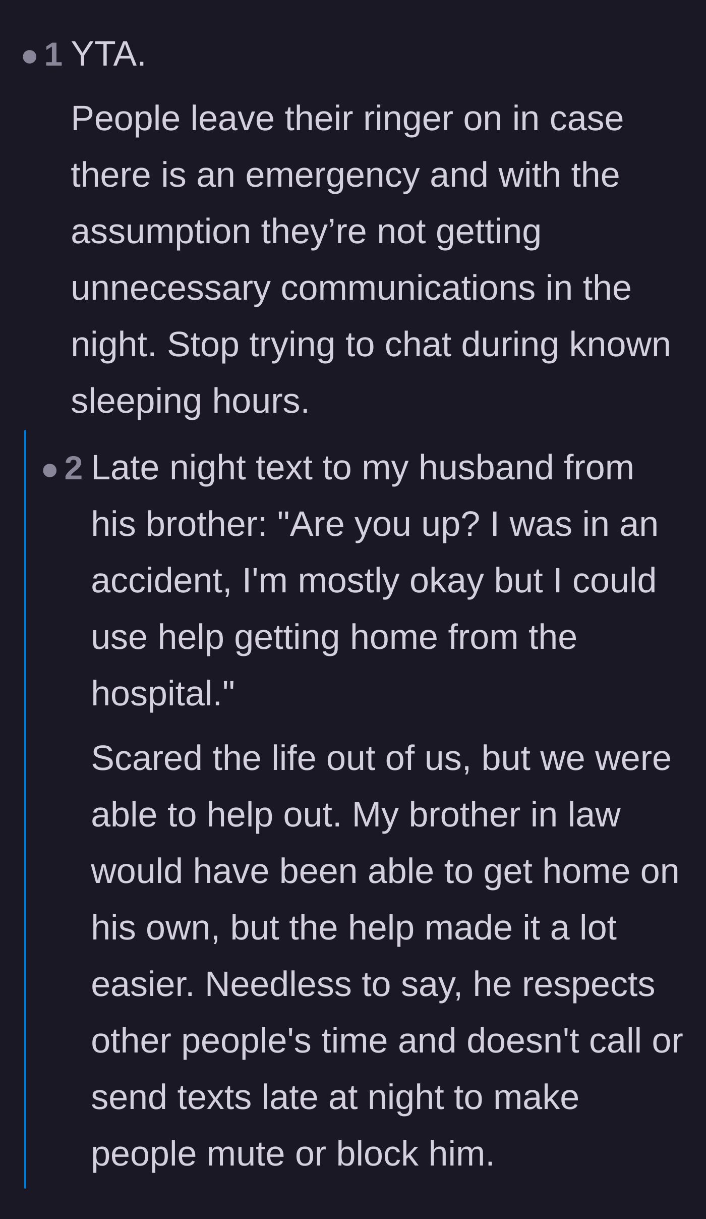 Comment thread 2 - A user sharing a scary story about a late-night emergency text from an injured family member to explain why ringers stay on.