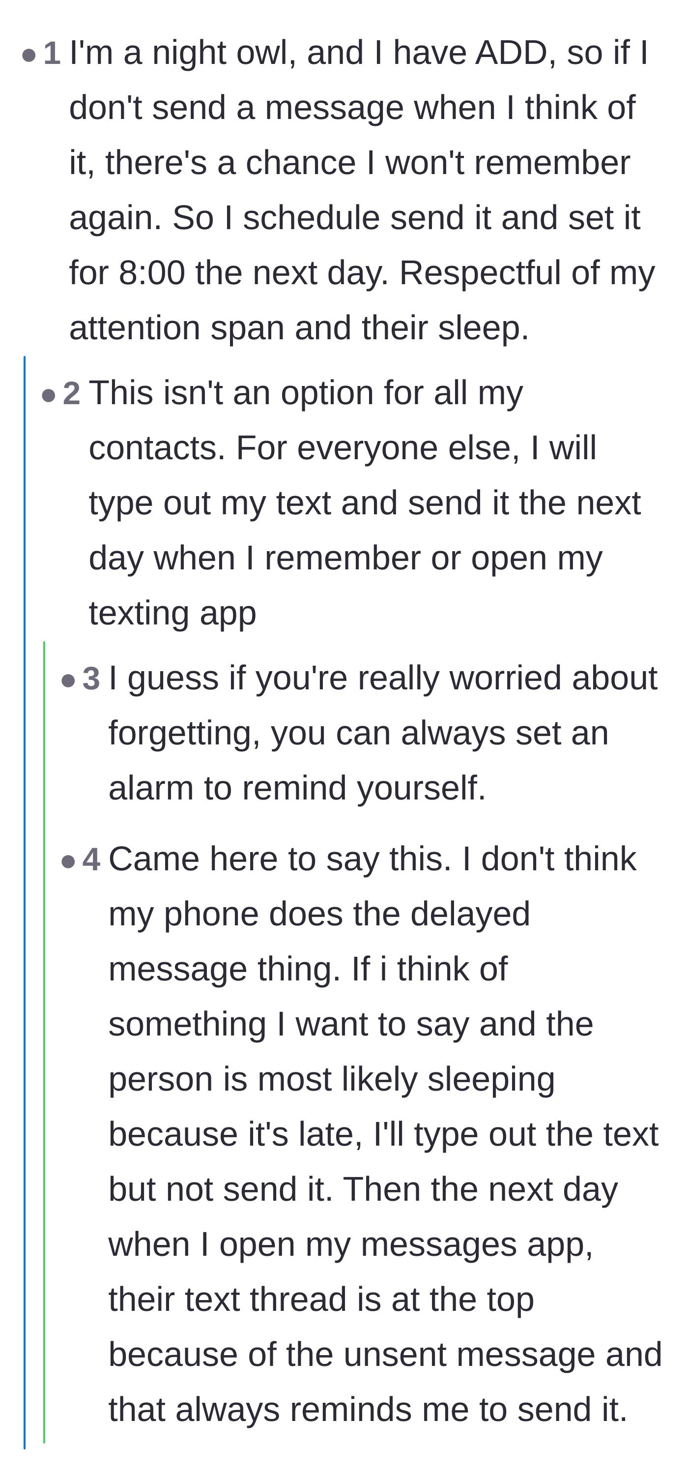 Comment thread 3 - Night owls and neurodivergent users sharing their considerate workarounds, like scheduling texts or leaving drafts unsent until morning.