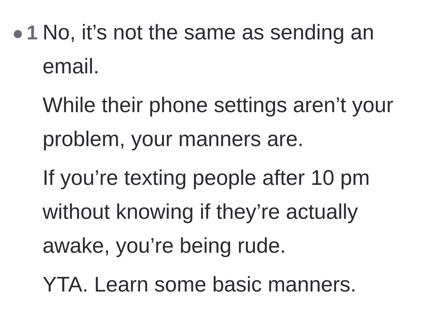 Comment thread 6 - A commenter firmly separating the technical rules of smartphone settings from the social reality of basic manners.