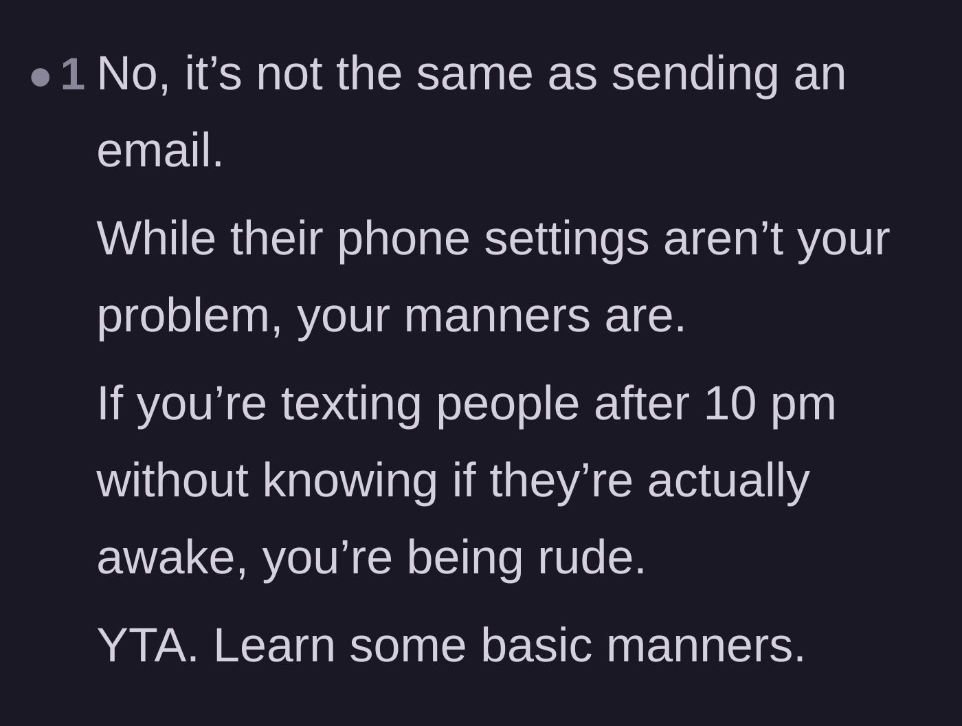 Comment thread 6 - A commenter firmly separating the technical rules of smartphone settings from the social reality of basic manners.