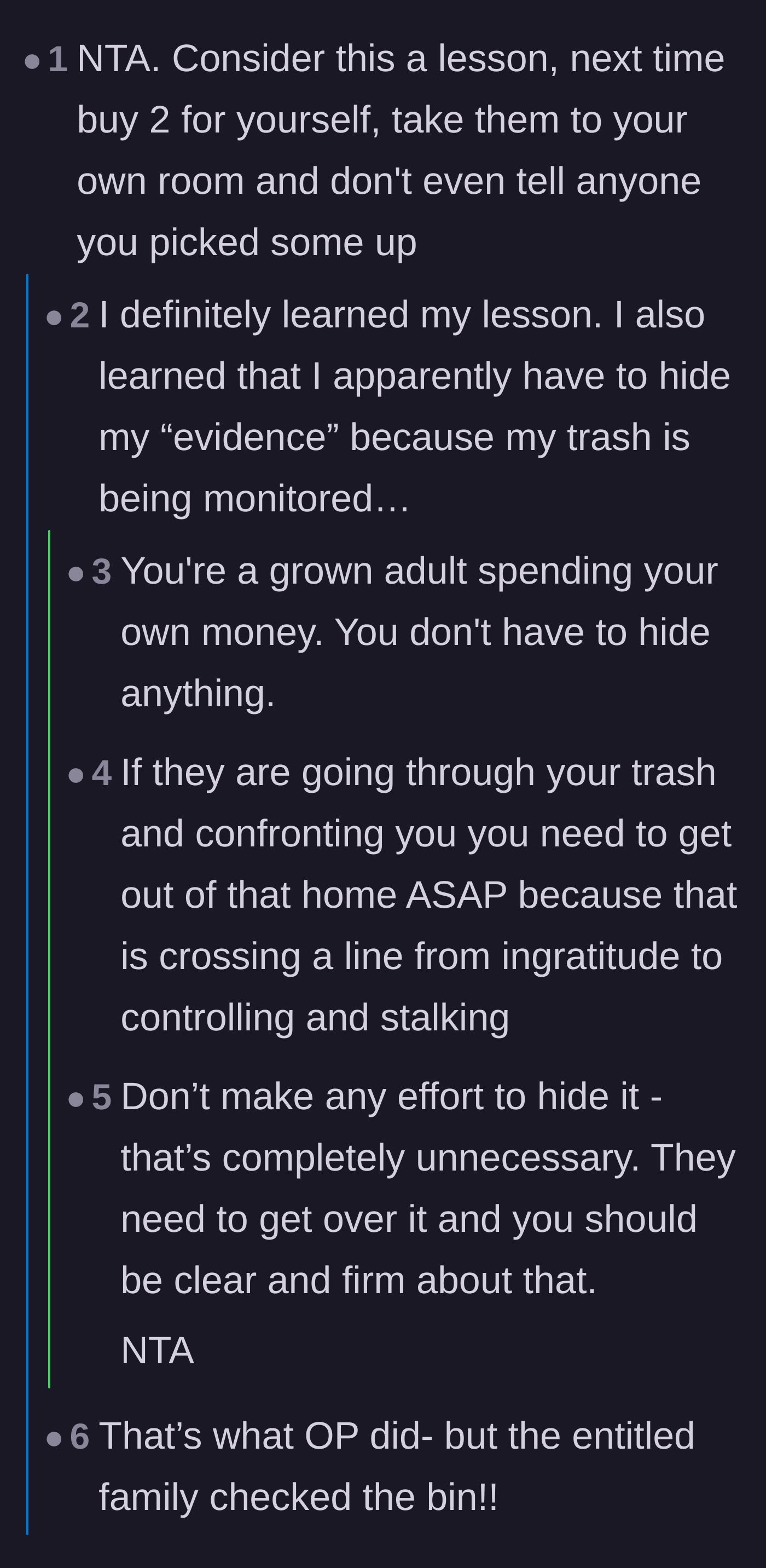 Comment thread 4 - Debate on whether an adult should have to hide their snack trash in their own home