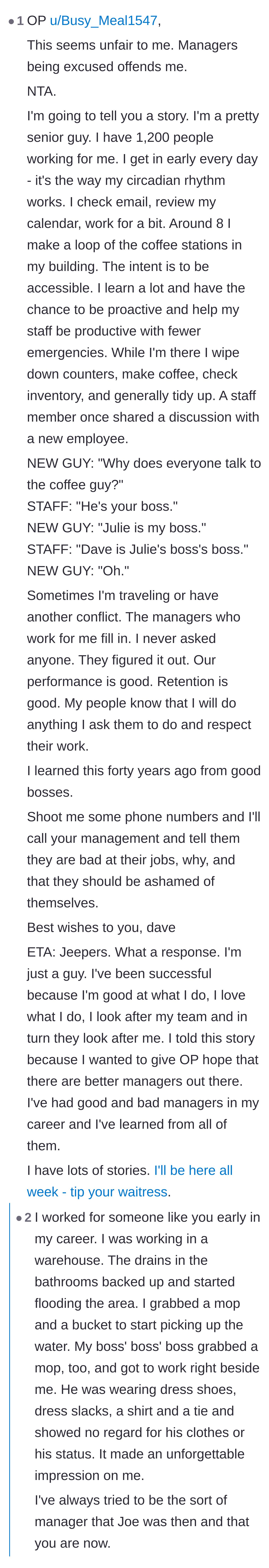 Comment thread 1 - A senior executive shares a story about cleaning the office coffee station himself to connect with his employees.