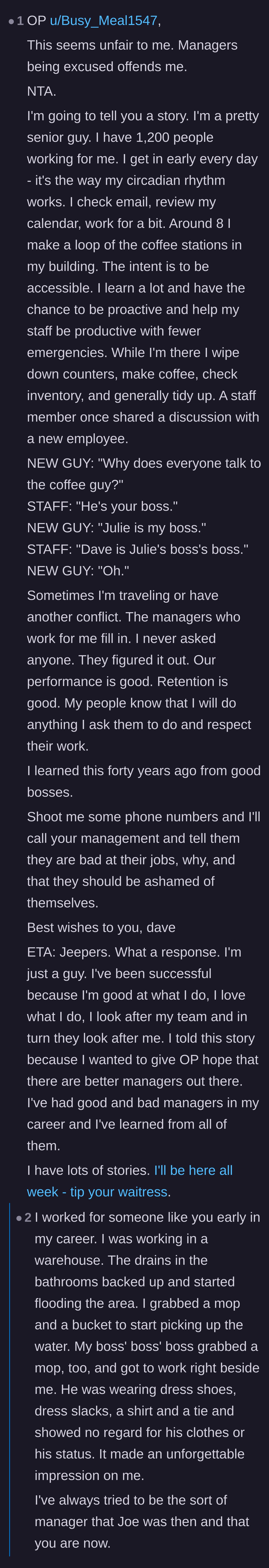 Comment thread 1 - A senior executive shares a story about cleaning the office coffee station himself to connect with his employees.