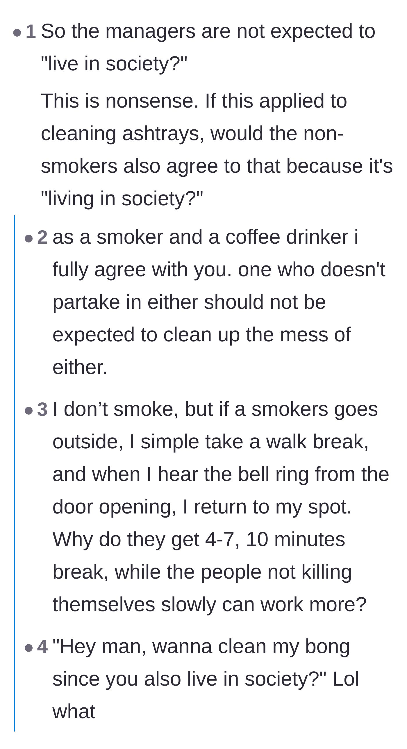 Comment thread 2 - Readers comparing the coffee machine maintenance to making non-smokers empty communal ashtrays.