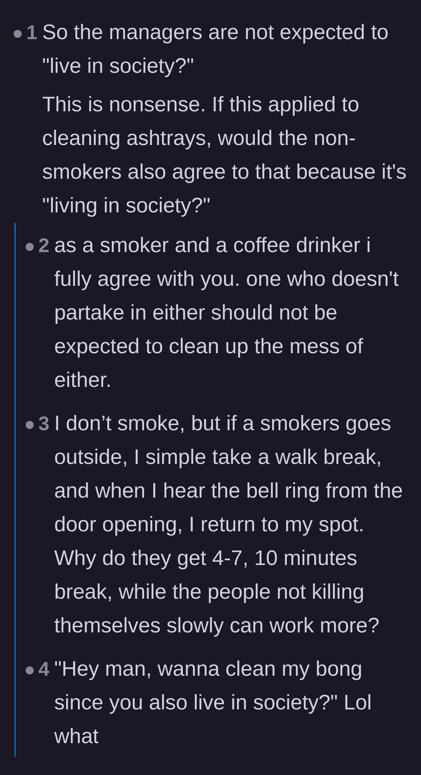 Comment thread 2 - Readers comparing the coffee machine maintenance to making non-smokers empty communal ashtrays.