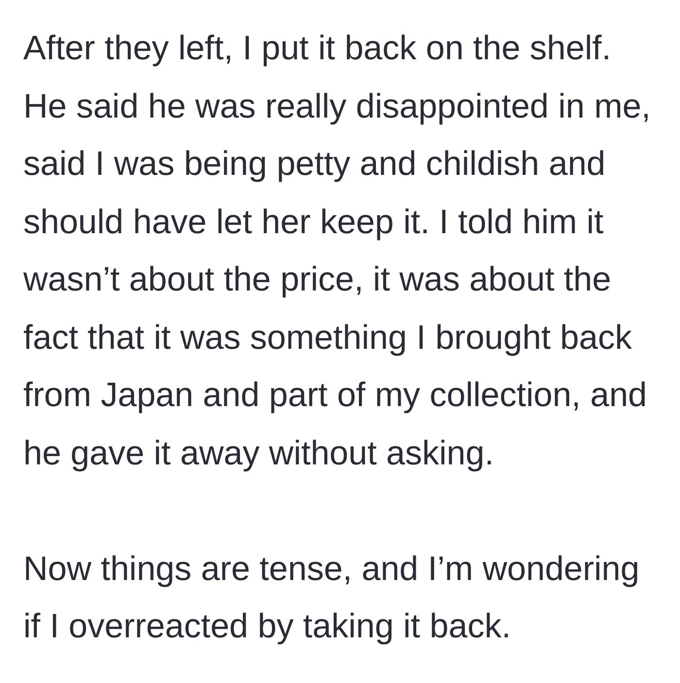 Story part 11 - The author returns the book to her shelf; the husband calls her petty, leading to a lingering, tense marital standoff.
