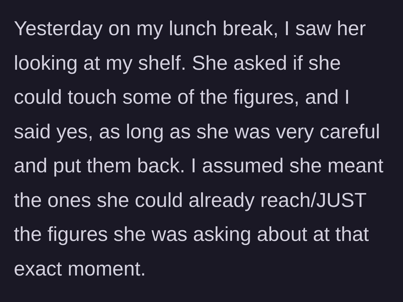 Story part 5 - The author grants the niece limited, careful permission to touch a few specific display figures on her break.