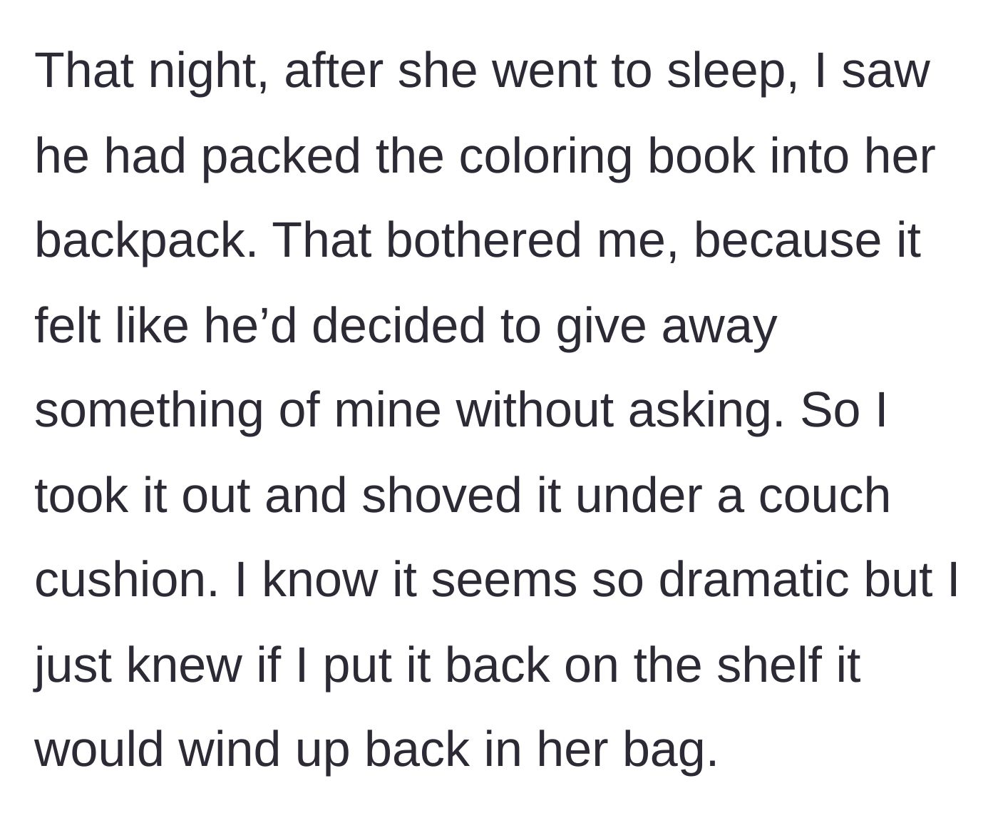 Story part 9 - The author discovers the husband packed the book in the niece's bag, prompting her to hide it under a couch cushion.