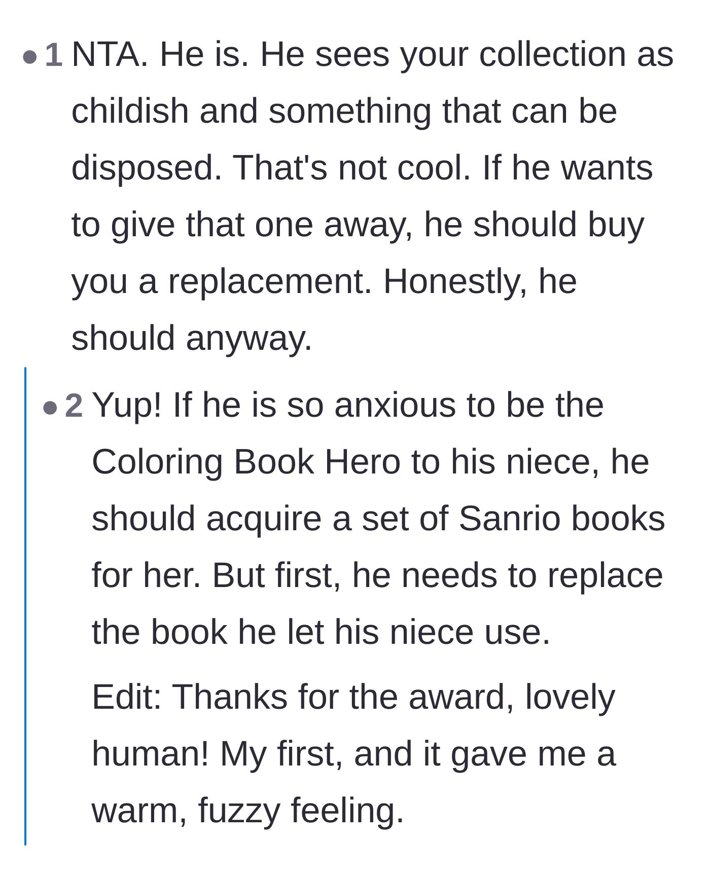 Comment thread 1 - A discussion on how the husband views the collection as childish and disposable, emphasizing that he should replace the book.