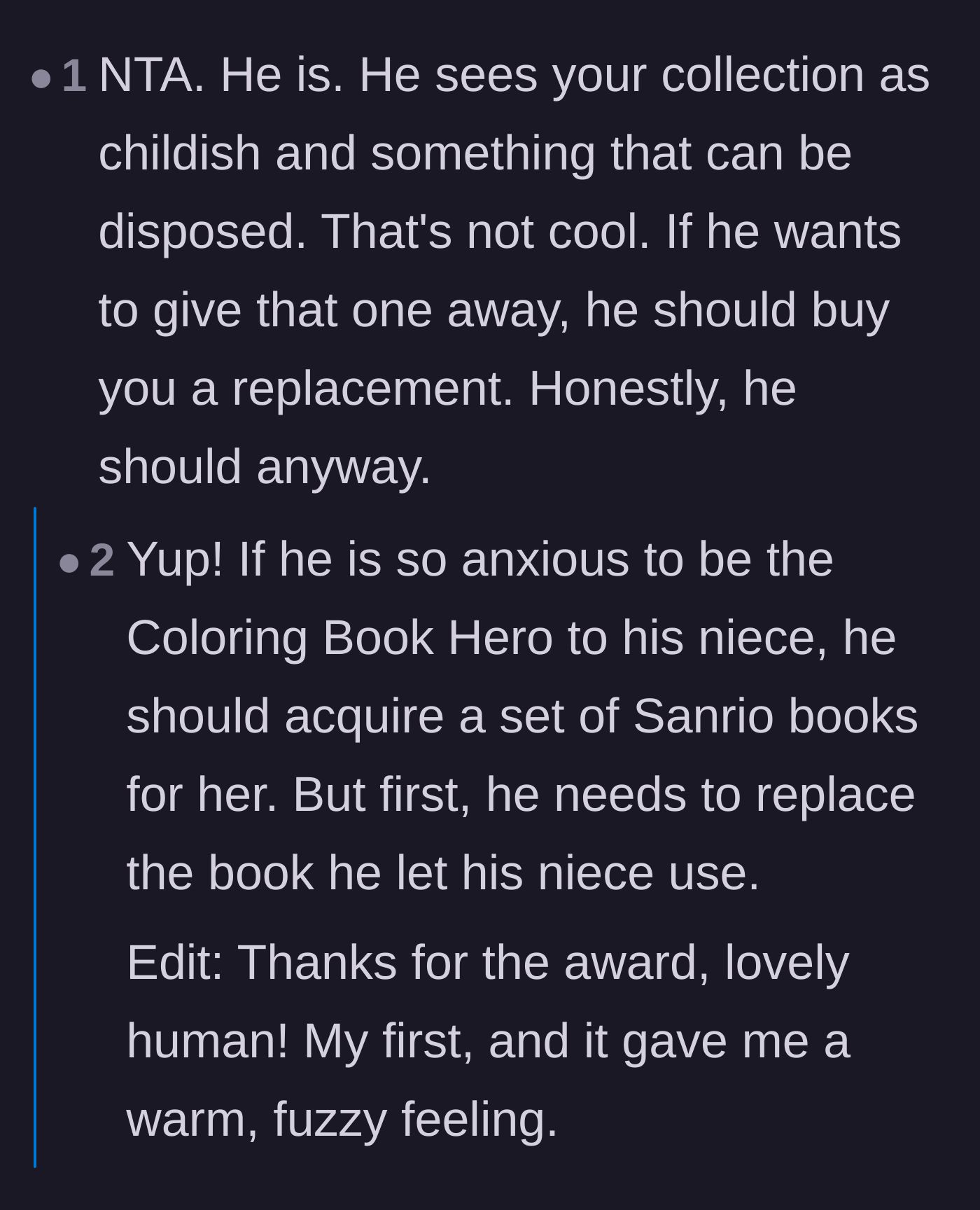 Comment thread 1 - A discussion on how the husband views the collection as childish and disposable, emphasizing that he should replace the book.