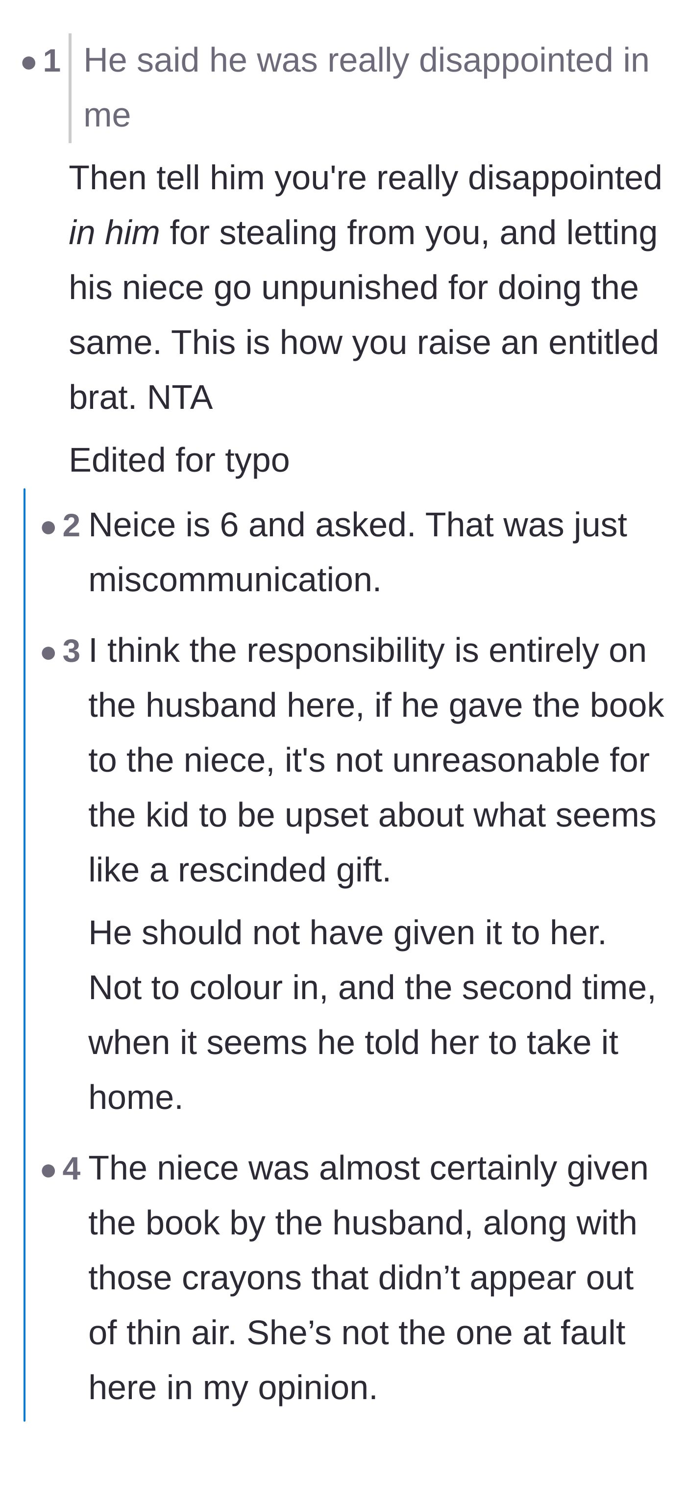 Comment thread 2 - A debate holding the husband accountable for stealing the book, with some arguing about the child's understanding of boundaries.