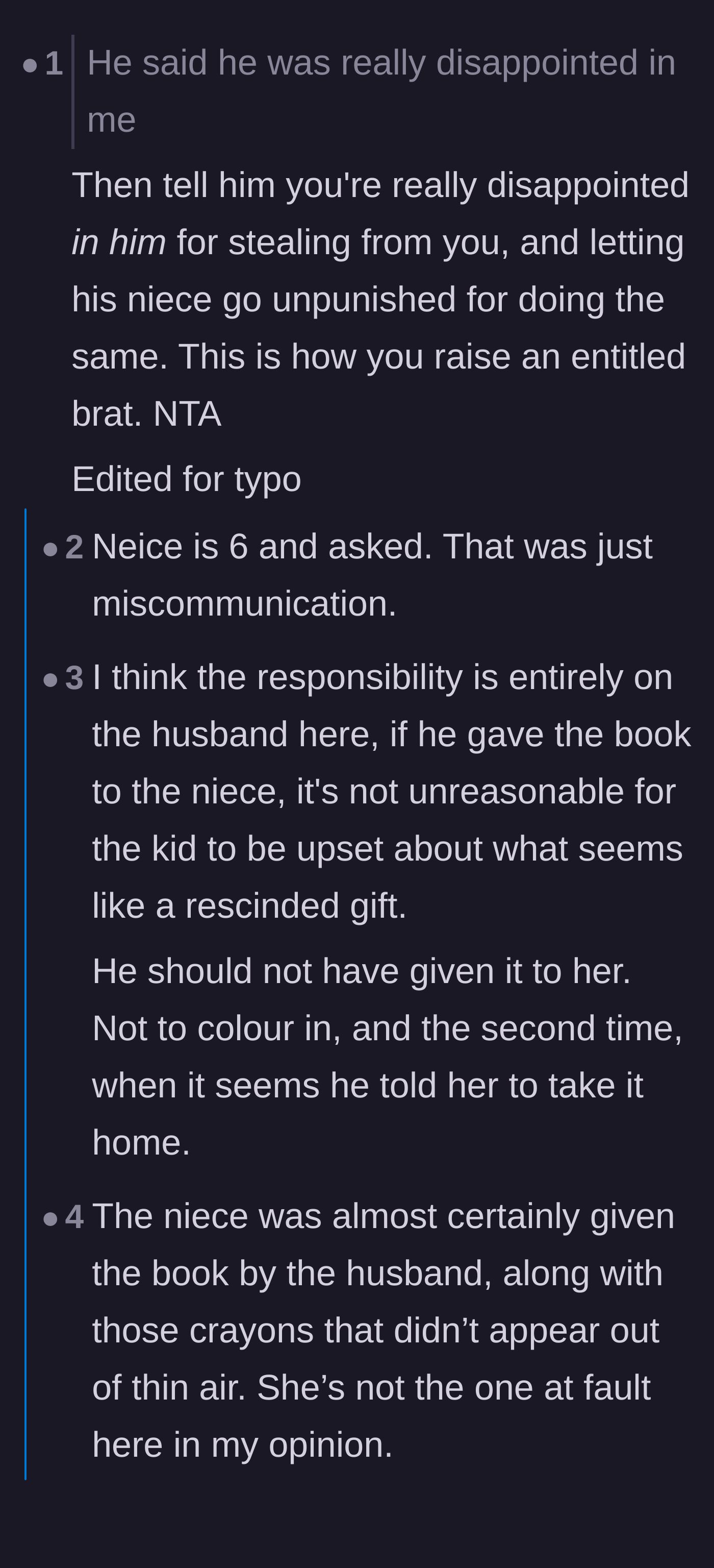 Comment thread 2 - A debate holding the husband accountable for stealing the book, with some arguing about the child's understanding of boundaries.