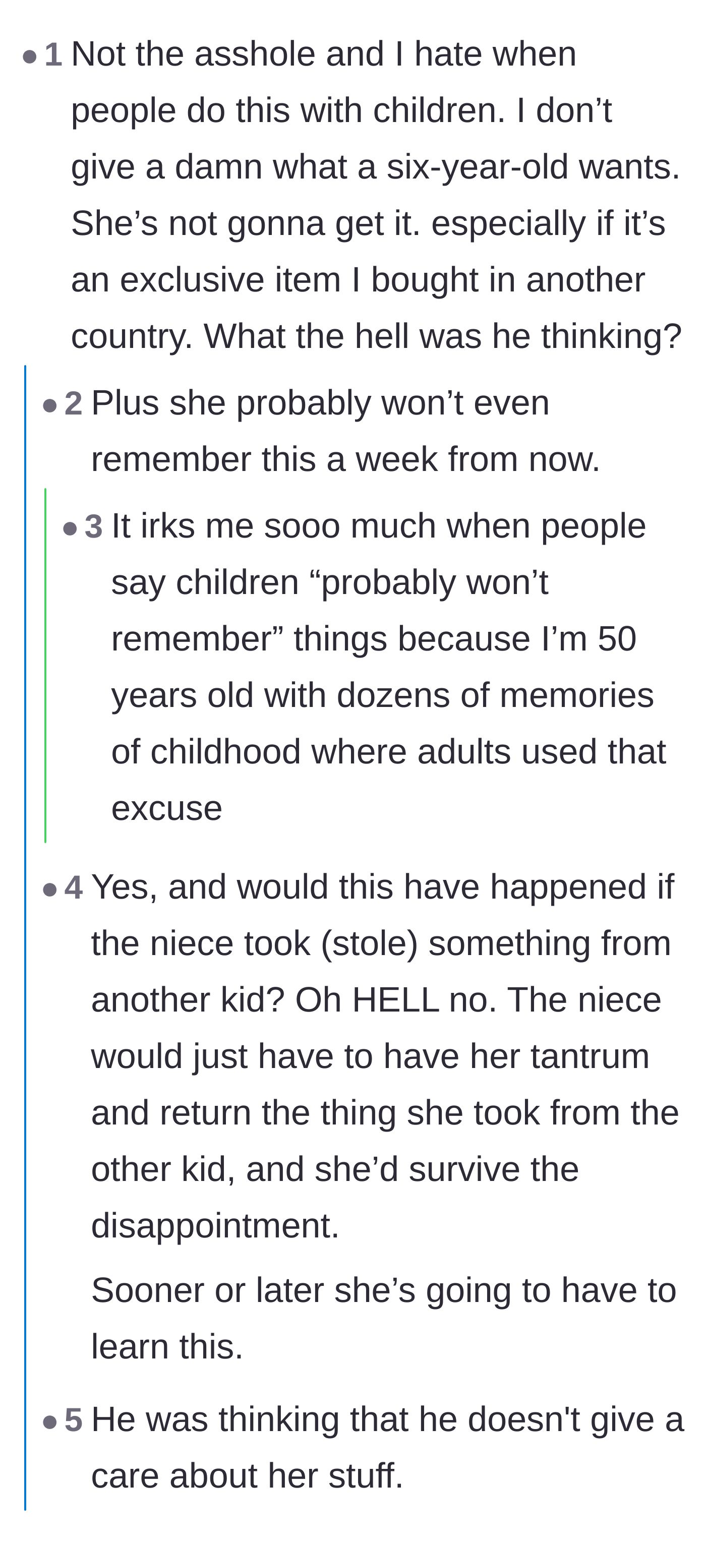 Comment thread 3 - Comments sharing childhood memories of having beloved items given away without permission, emphasizing that children do remember such betrayals.