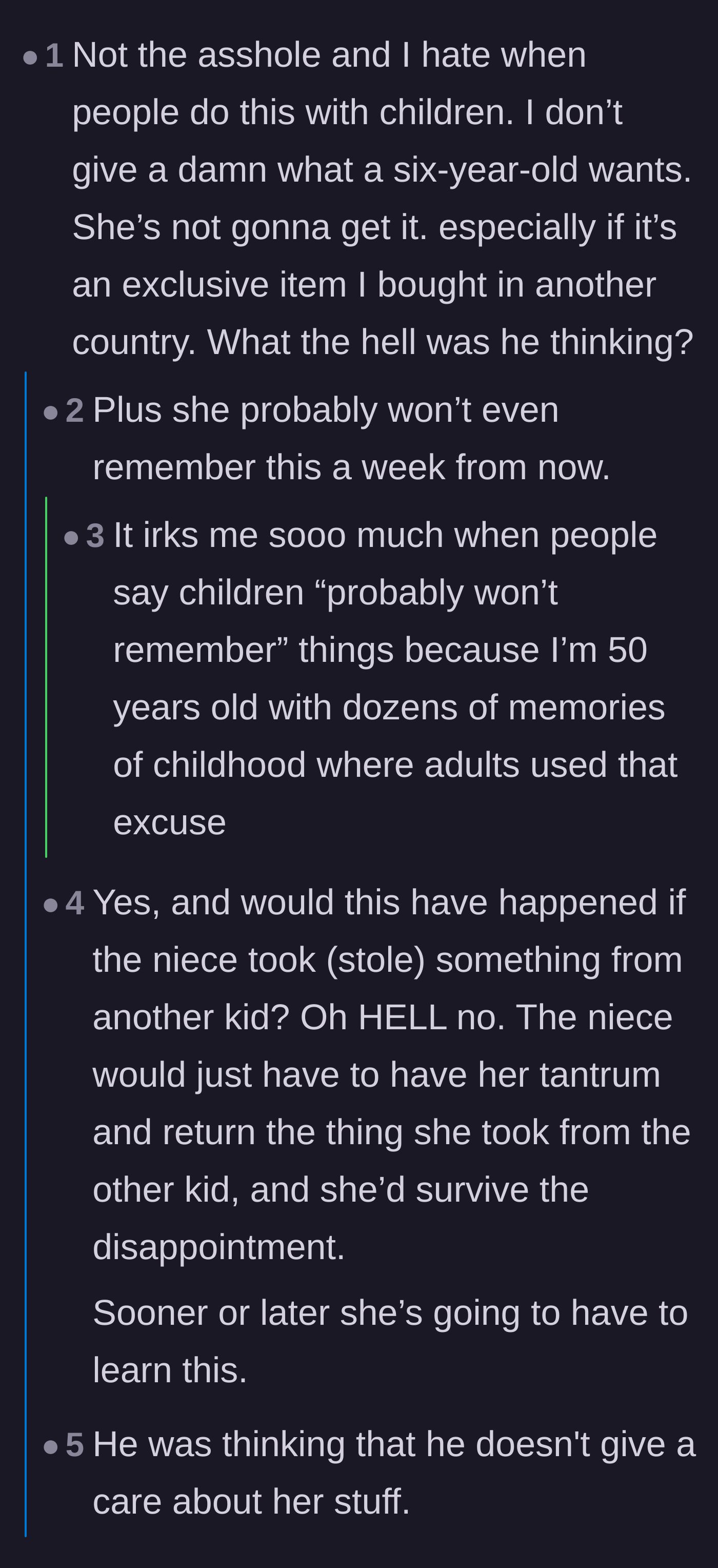 Comment thread 3 - Comments sharing childhood memories of having beloved items given away without permission, emphasizing that children do remember such betrayals.