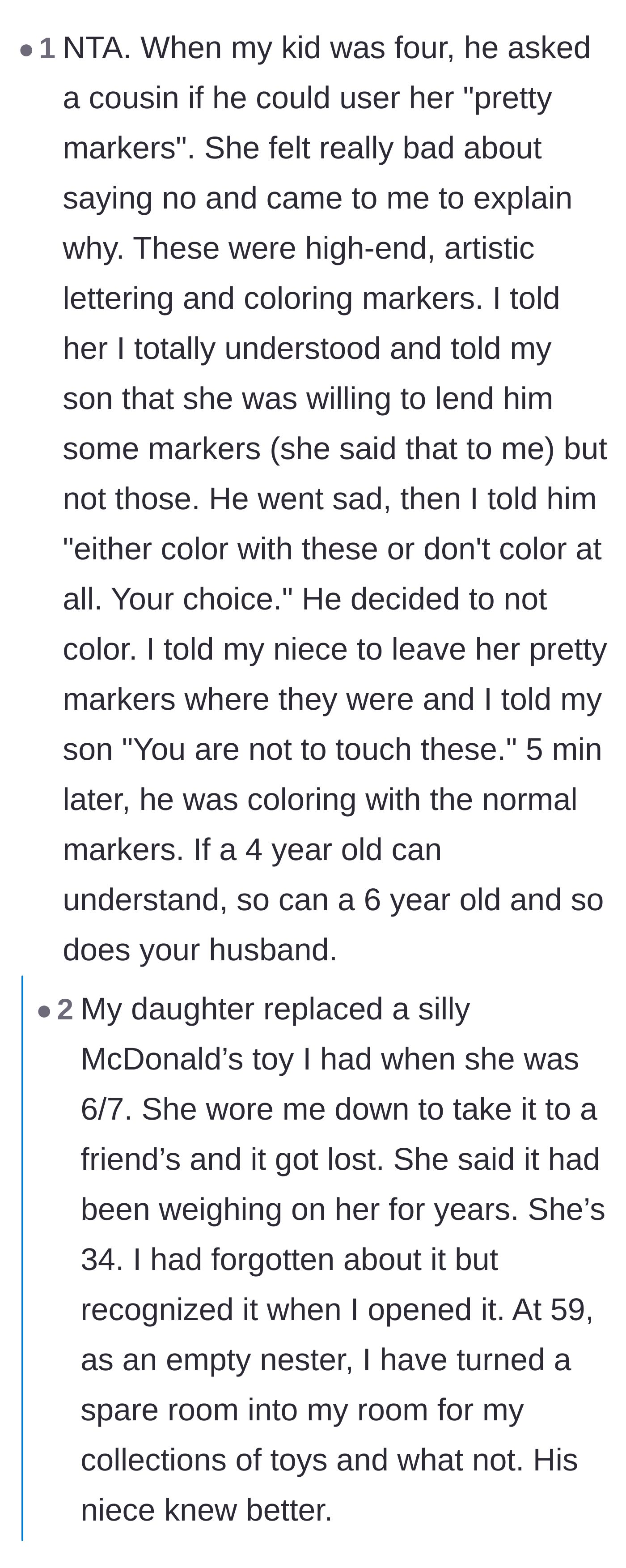 Comment thread 4 - A parent sharing a story about successfully teaching their four-year-old boundaries regarding expensive markers, contrasting it with the husband's behavior.