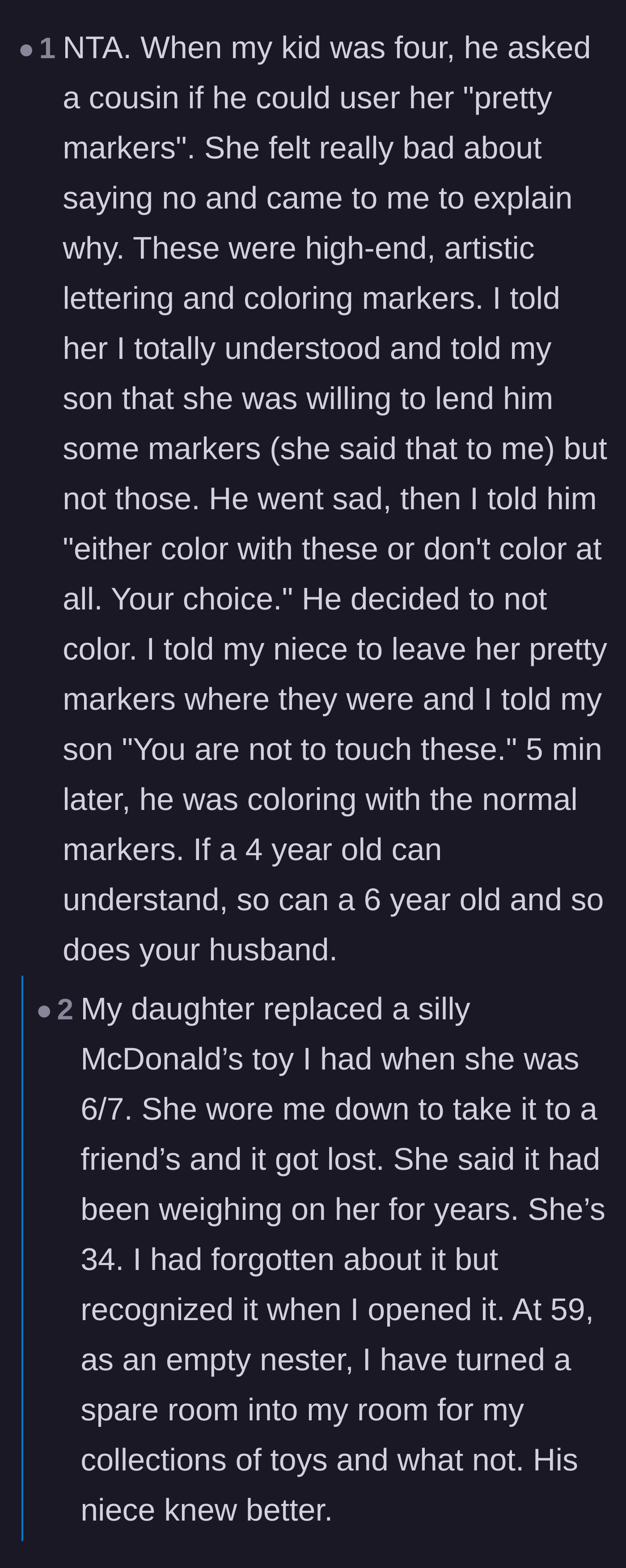 Comment thread 4 - A parent sharing a story about successfully teaching their four-year-old boundaries regarding expensive markers, contrasting it with the husband's behavior.