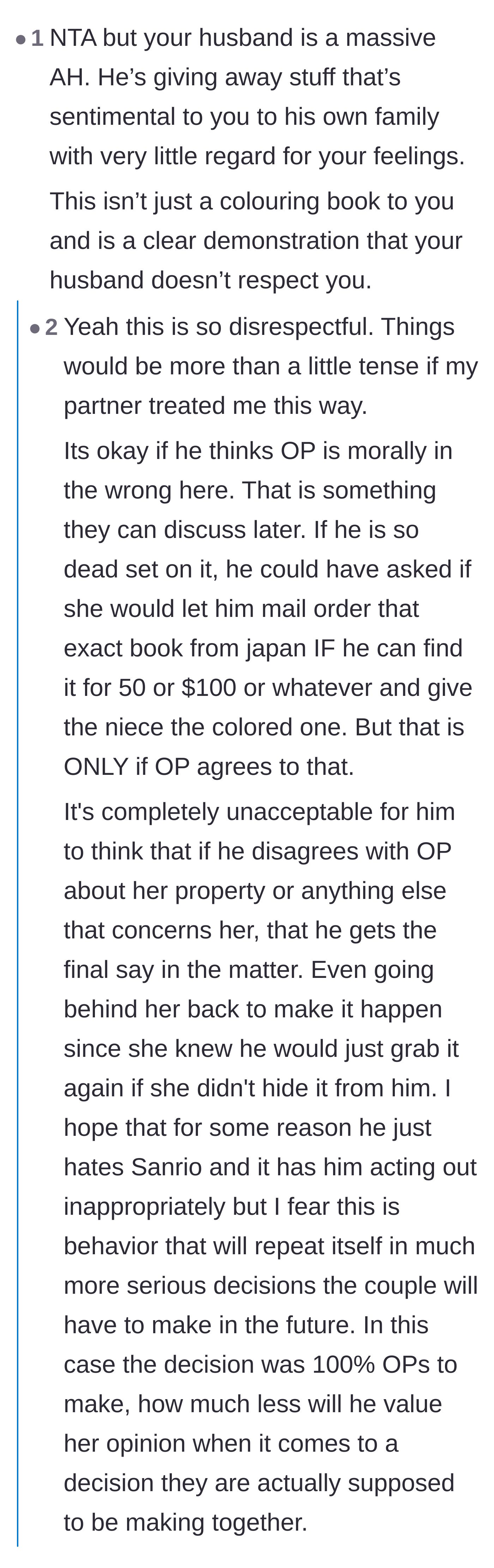 Comment thread 5 - A strong condemnation of the husband's disregard for his wife's feelings and sentimental items, highlighting the lack of respect.