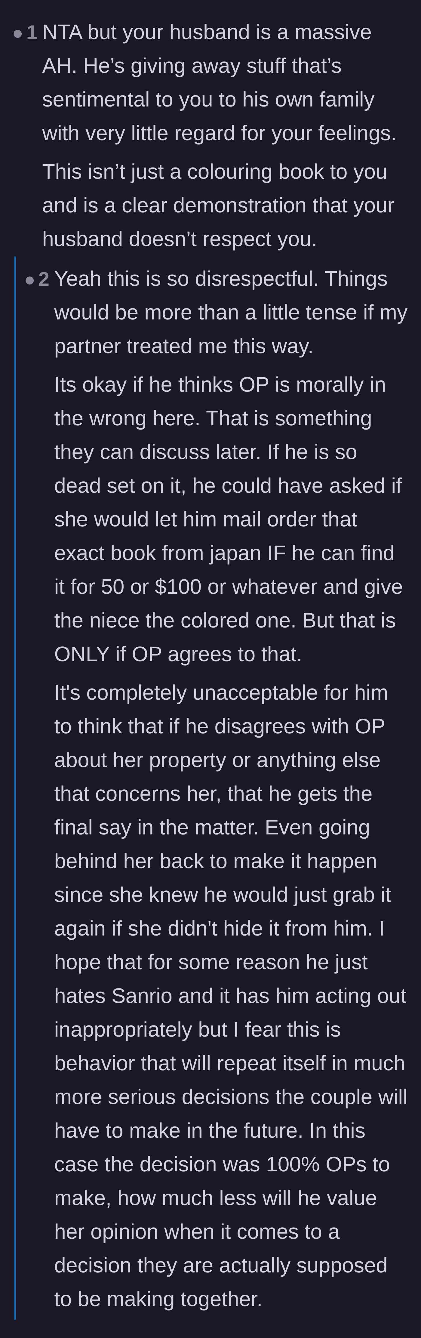 Comment thread 5 - A strong condemnation of the husband's disregard for his wife's feelings and sentimental items, highlighting the lack of respect.