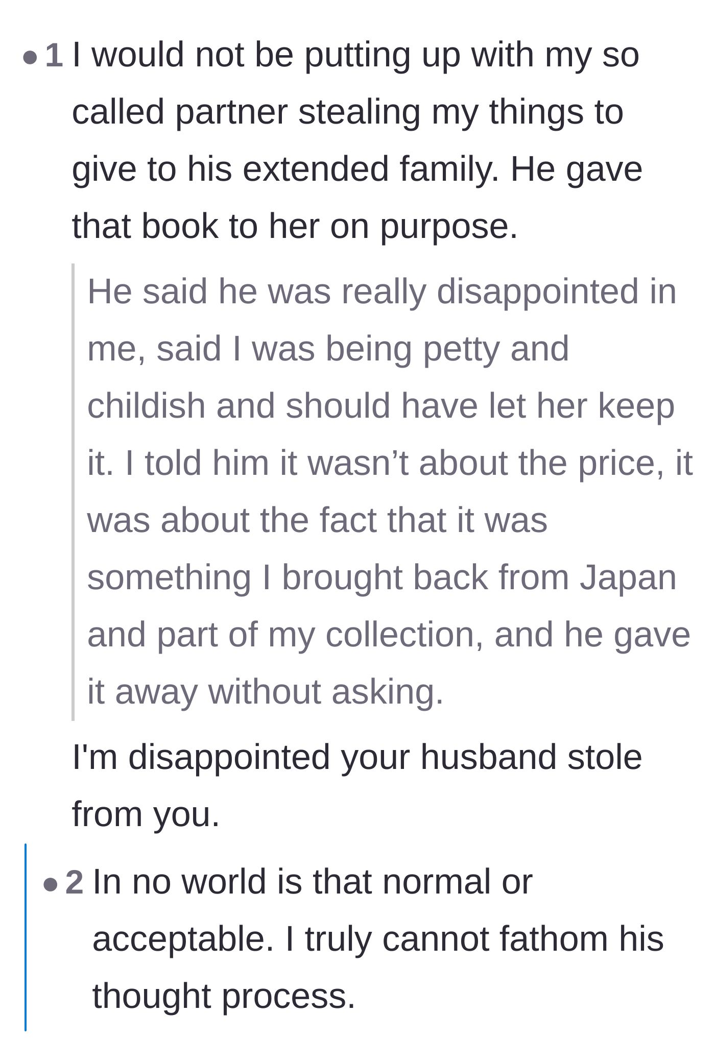 Comment thread 6 - Outrage over the husband's audacity in calling the wife petty after he stole her property to give to his niece.