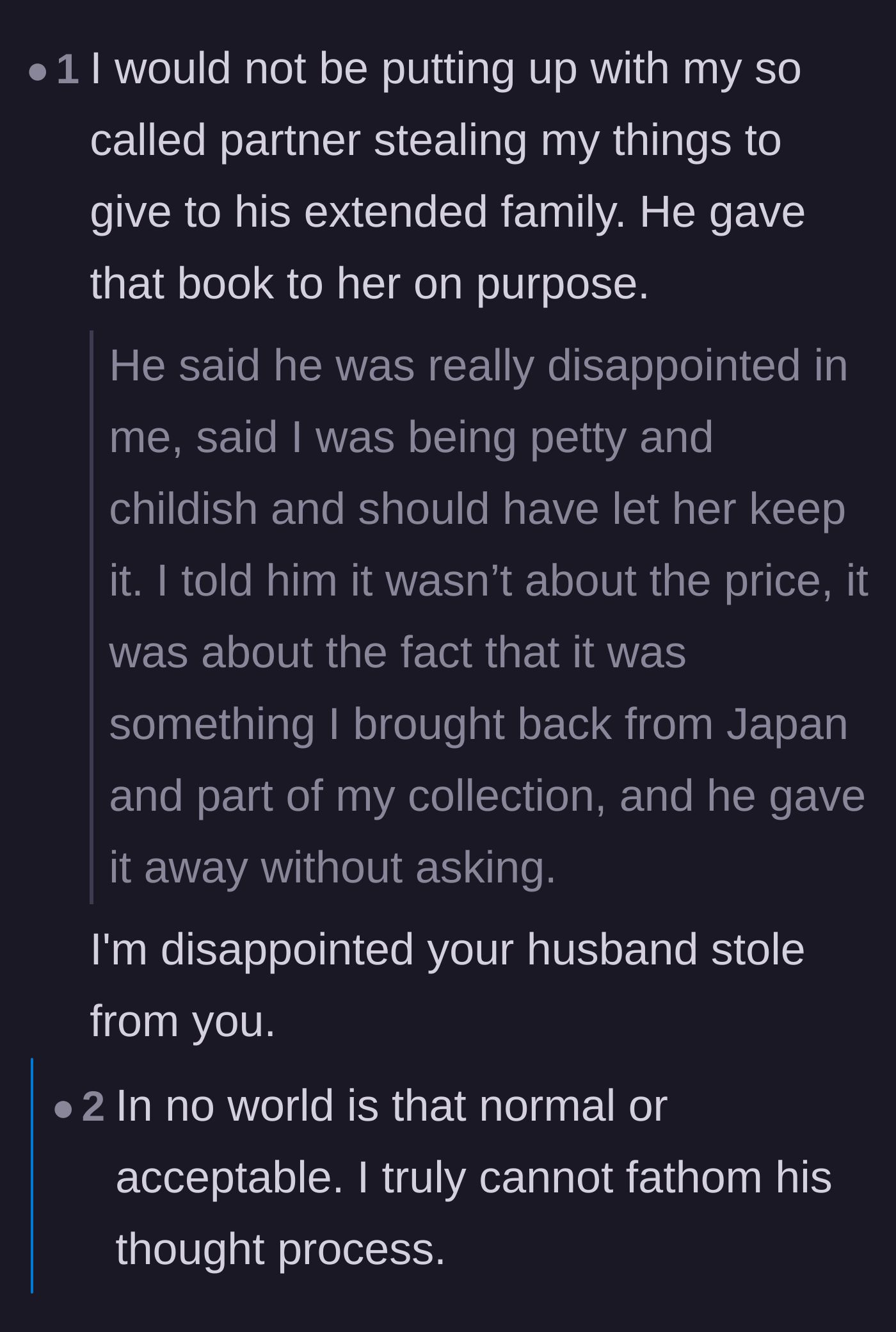 Comment thread 6 - Outrage over the husband's audacity in calling the wife petty after he stole her property to give to his niece.