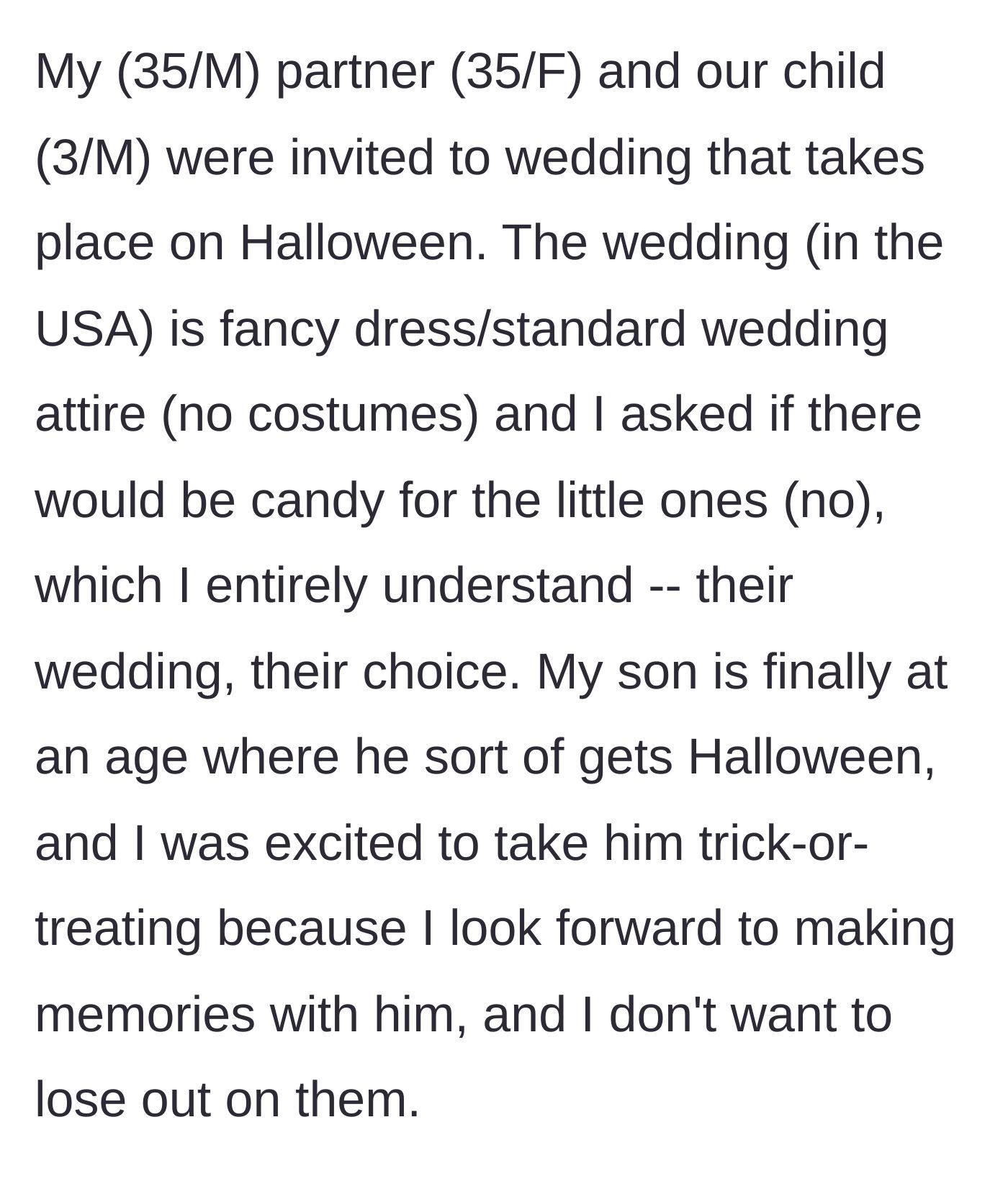 Story part 1 - A text exchange revealing a Halloween wedding invitation with a strict formal dress code and absolutely zero candy for children.