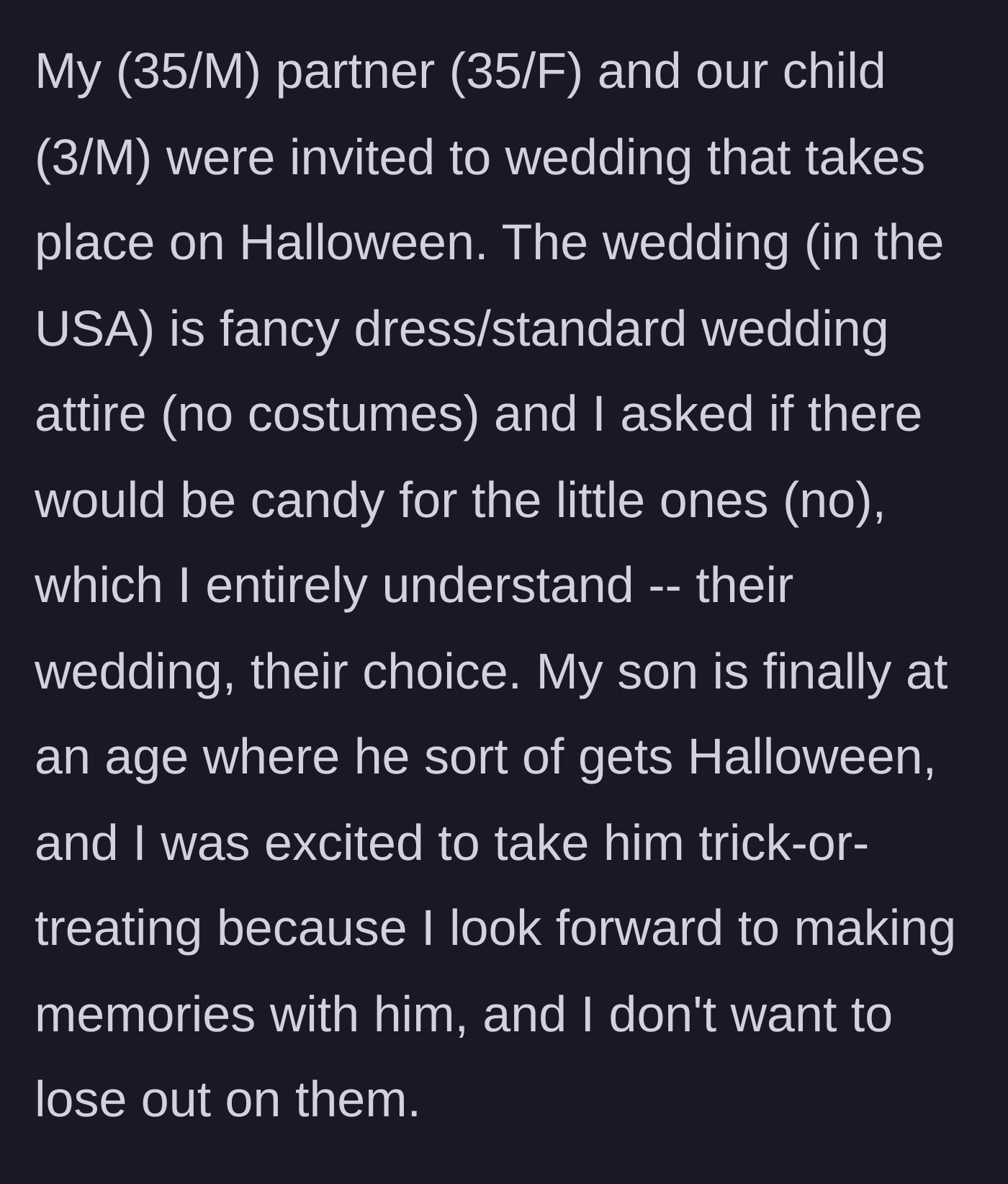 Story part 1 - A text exchange revealing a Halloween wedding invitation with a strict formal dress code and absolutely zero candy for children.