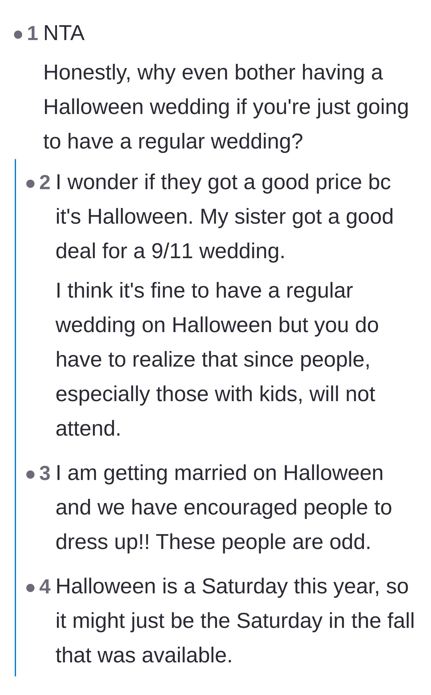 Comment thread 1 - A debate on why someone would book a Halloween wedding without a spooky theme, with theories about venue discounts and availability.