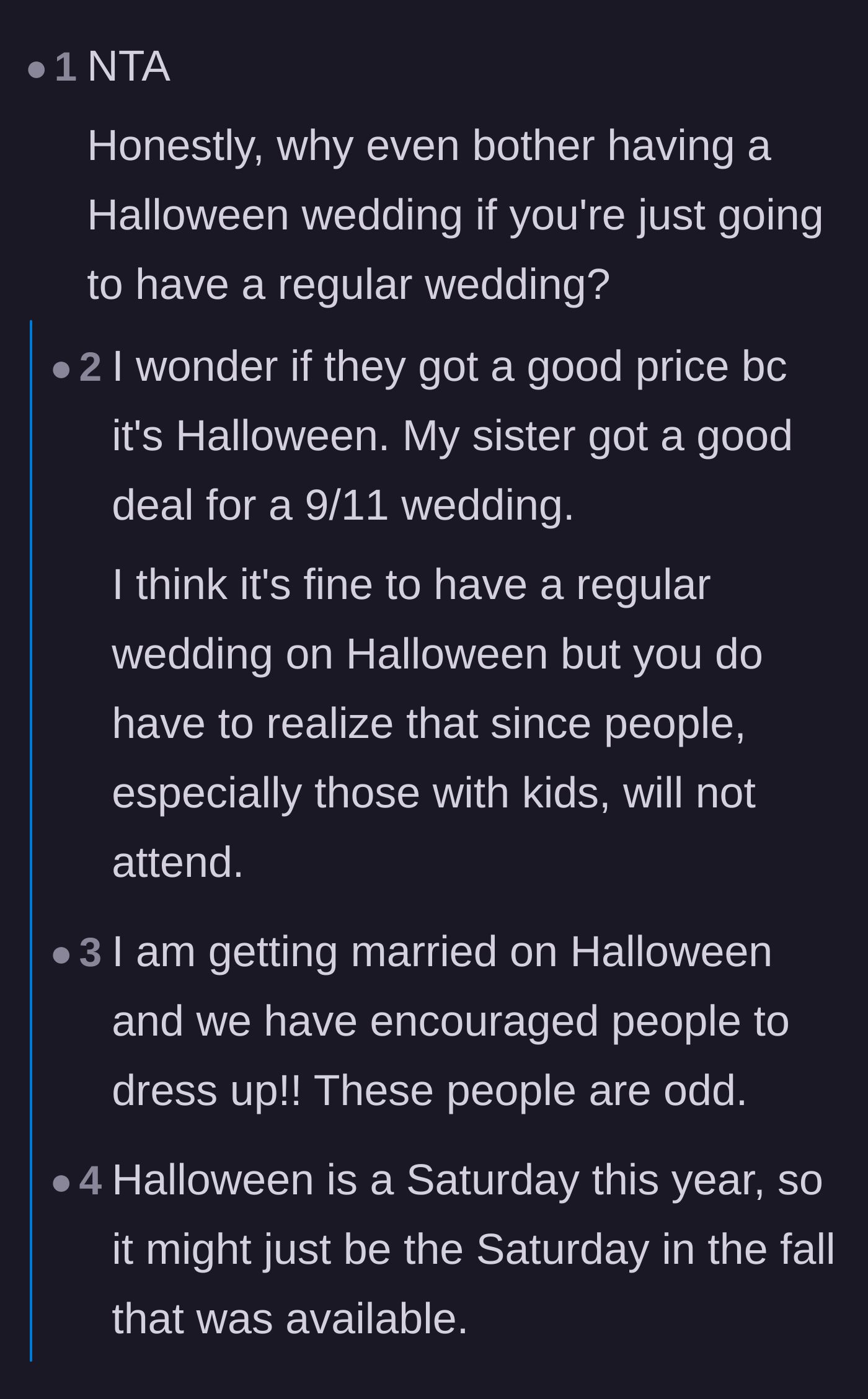 Comment thread 1 - A debate on why someone would book a Halloween wedding without a spooky theme, with theories about venue discounts and availability.