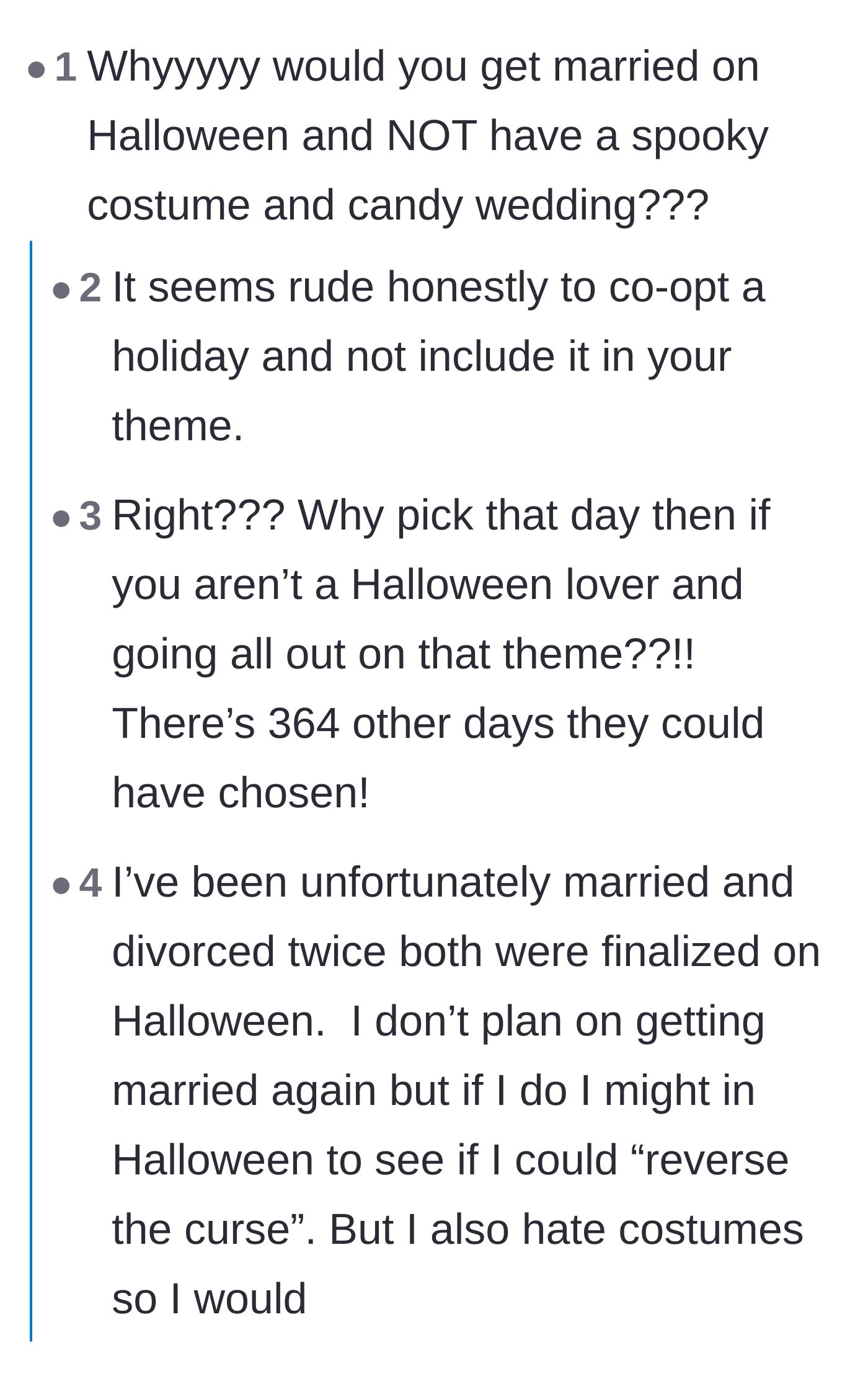 Comment thread 2 - Users discussing whether it is rude to co-opt a holiday without celebrating it, followed by a hilarious anecdote about Halloween divorces.