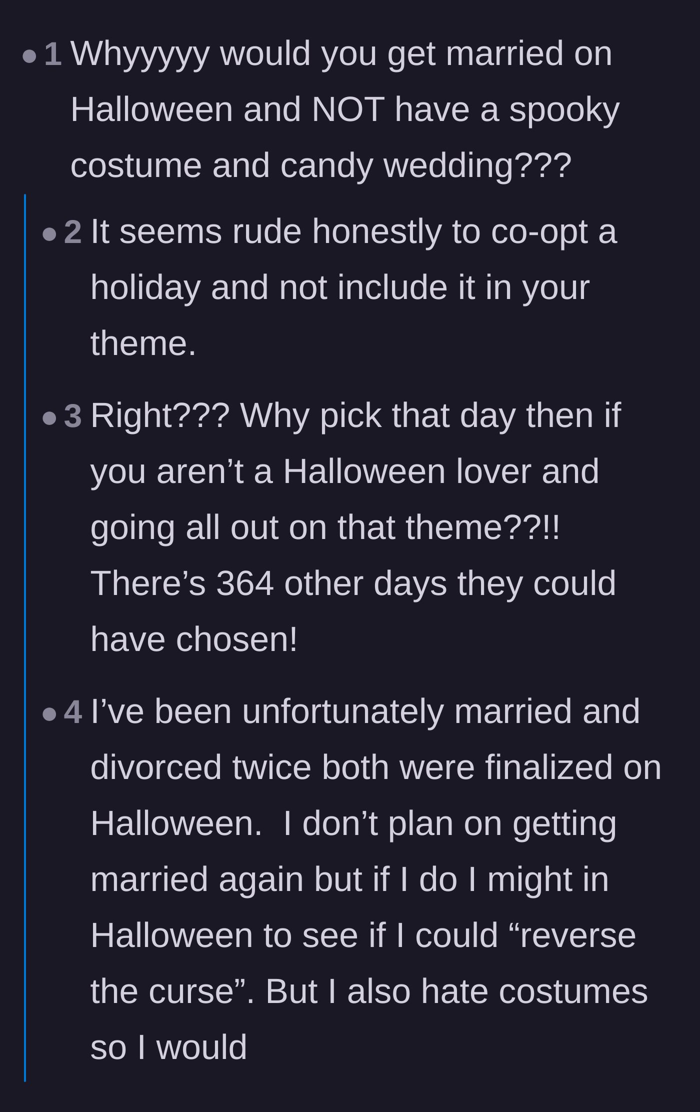 Comment thread 2 - Users discussing whether it is rude to co-opt a holiday without celebrating it, followed by a hilarious anecdote about Halloween divorces.