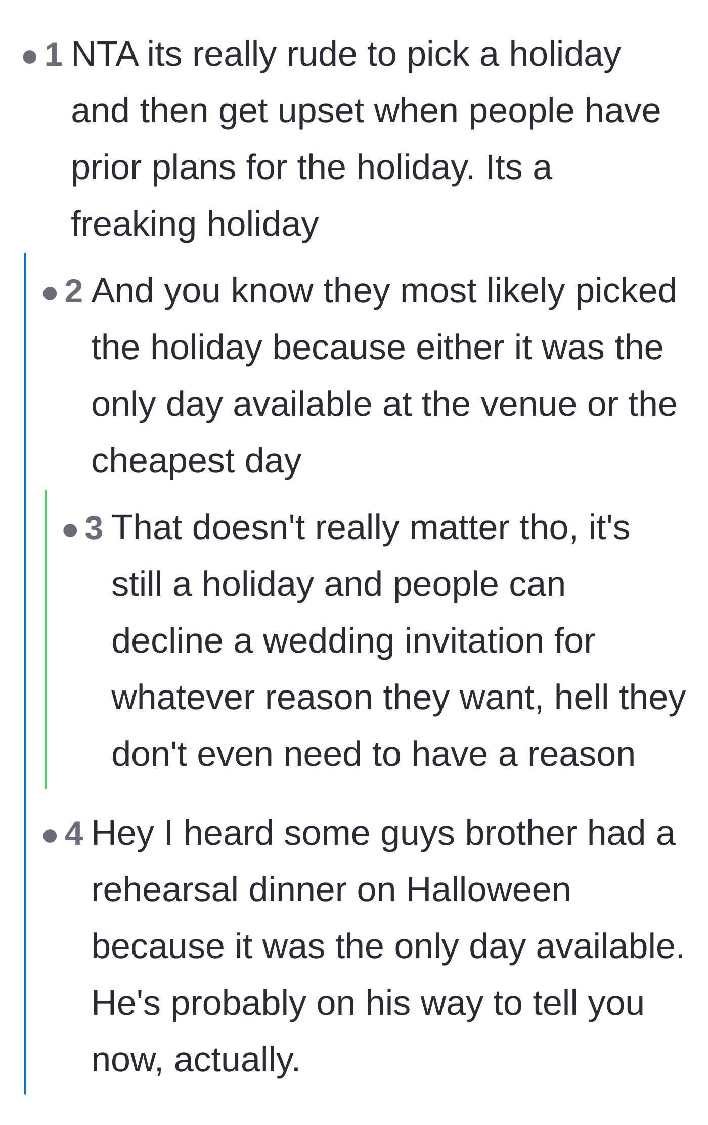Comment thread 4 - A blunt take calling out the couple for getting mad that people have prior plans on a major holiday.