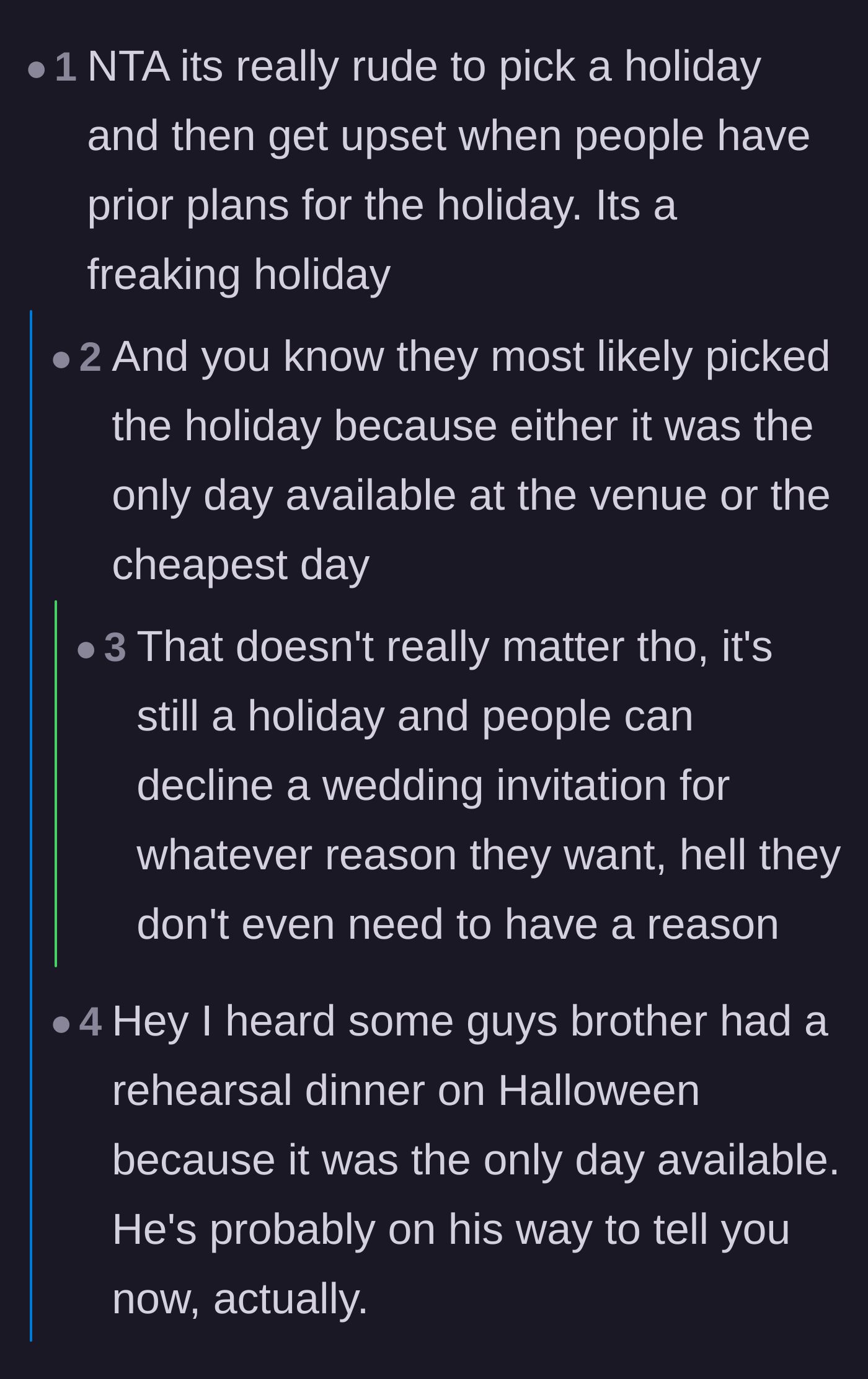 Comment thread 4 - A blunt take calling out the couple for getting mad that people have prior plans on a major holiday.