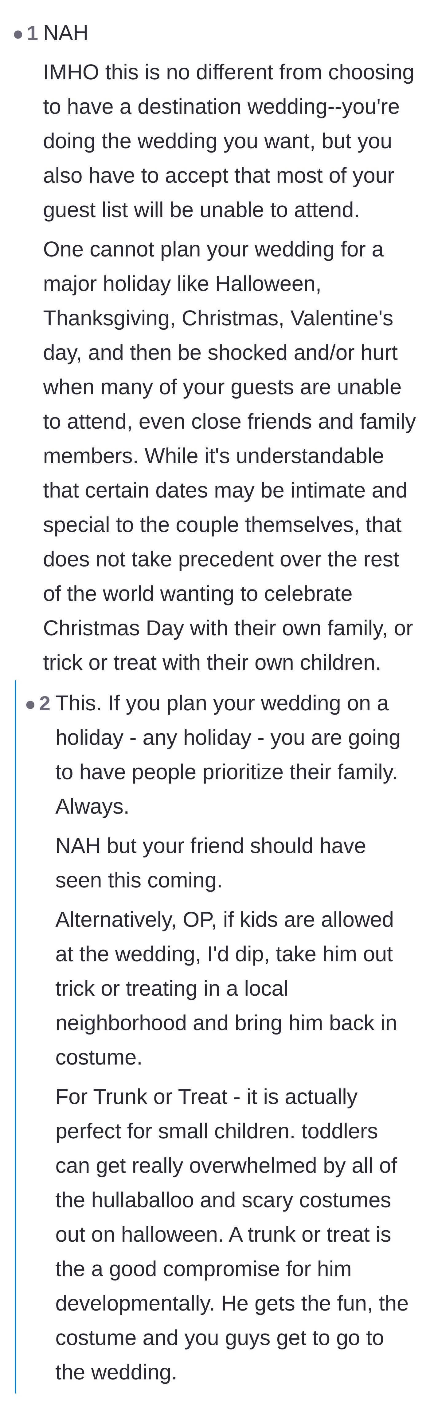 Comment thread 6 - Comparisons between holiday weddings and destination weddings, emphasizing that couples must accept lower attendance without guilt-tripping guests.