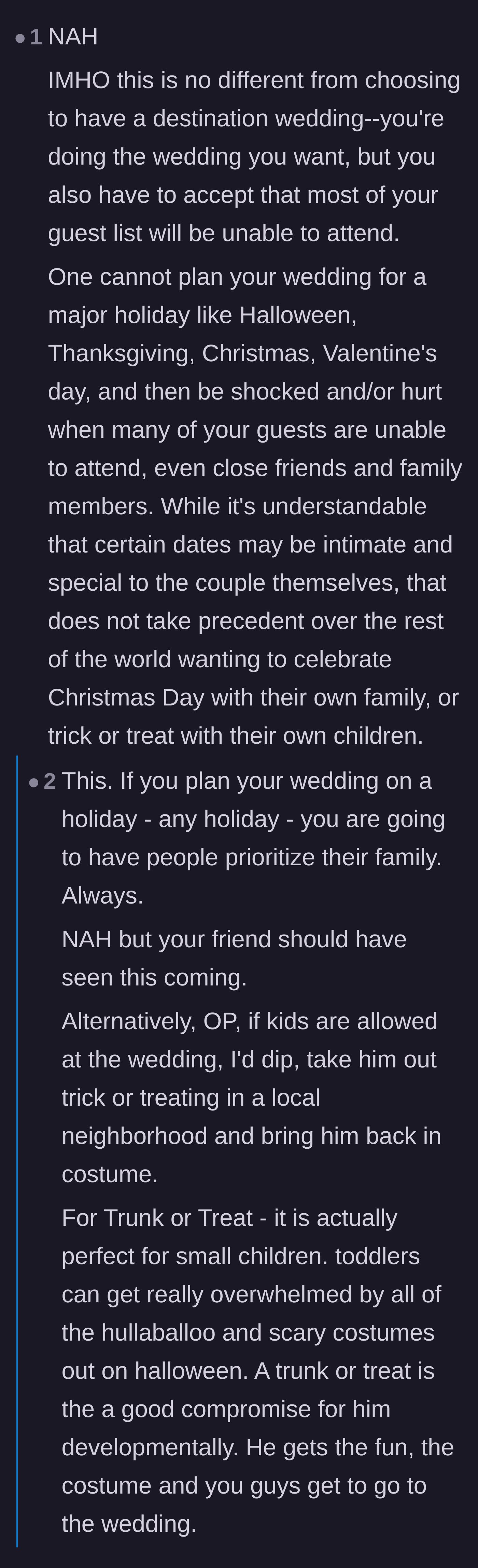 Comment thread 6 - Comparisons between holiday weddings and destination weddings, emphasizing that couples must accept lower attendance without guilt-tripping guests.