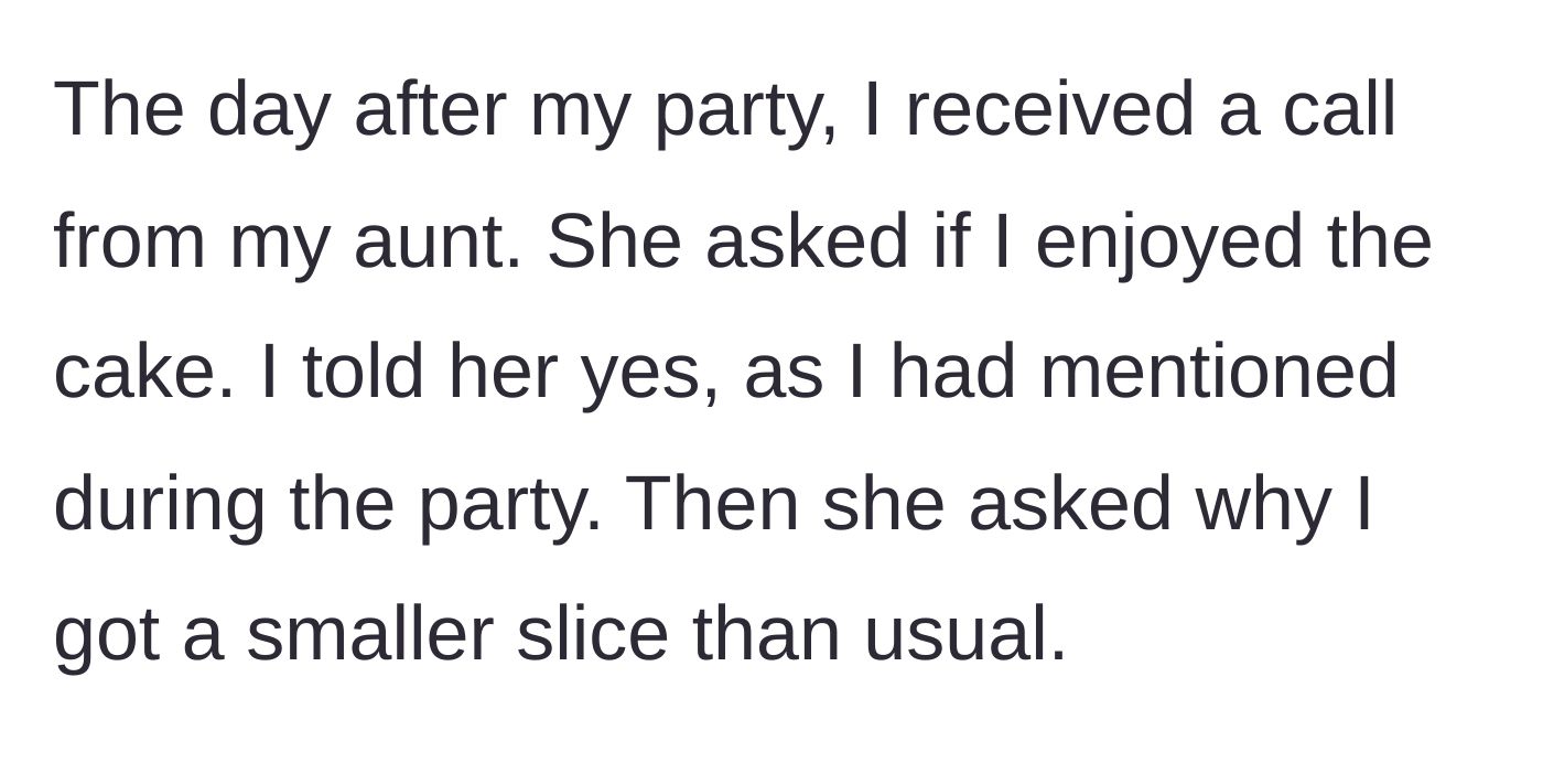 Story part 3 - The aunt calls the next day to interrogate him about his portion size.