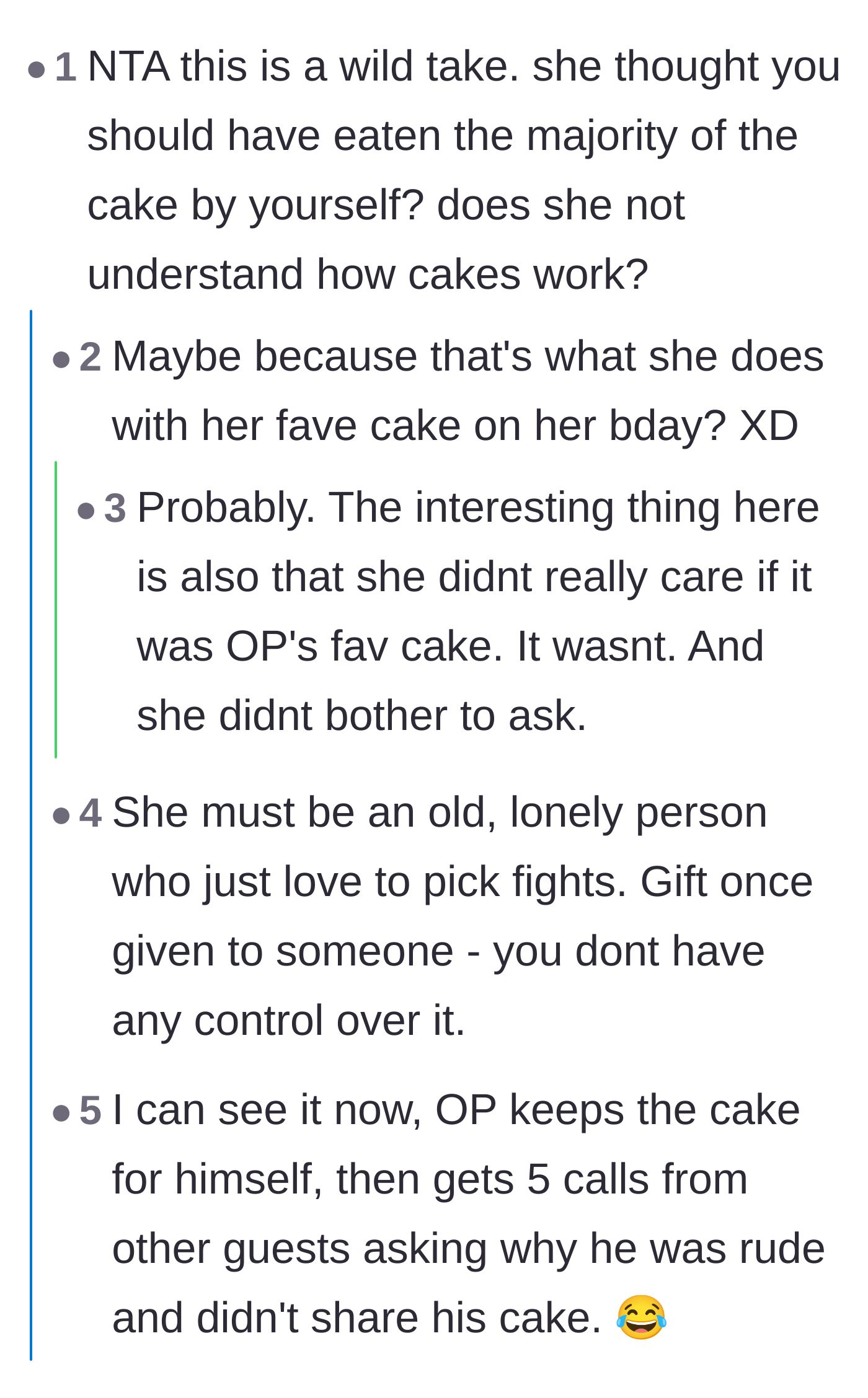 Comment thread 1 - A debate dismantling the aunt's bizarre expectation that the birthday boy should hoard the cake for himself.