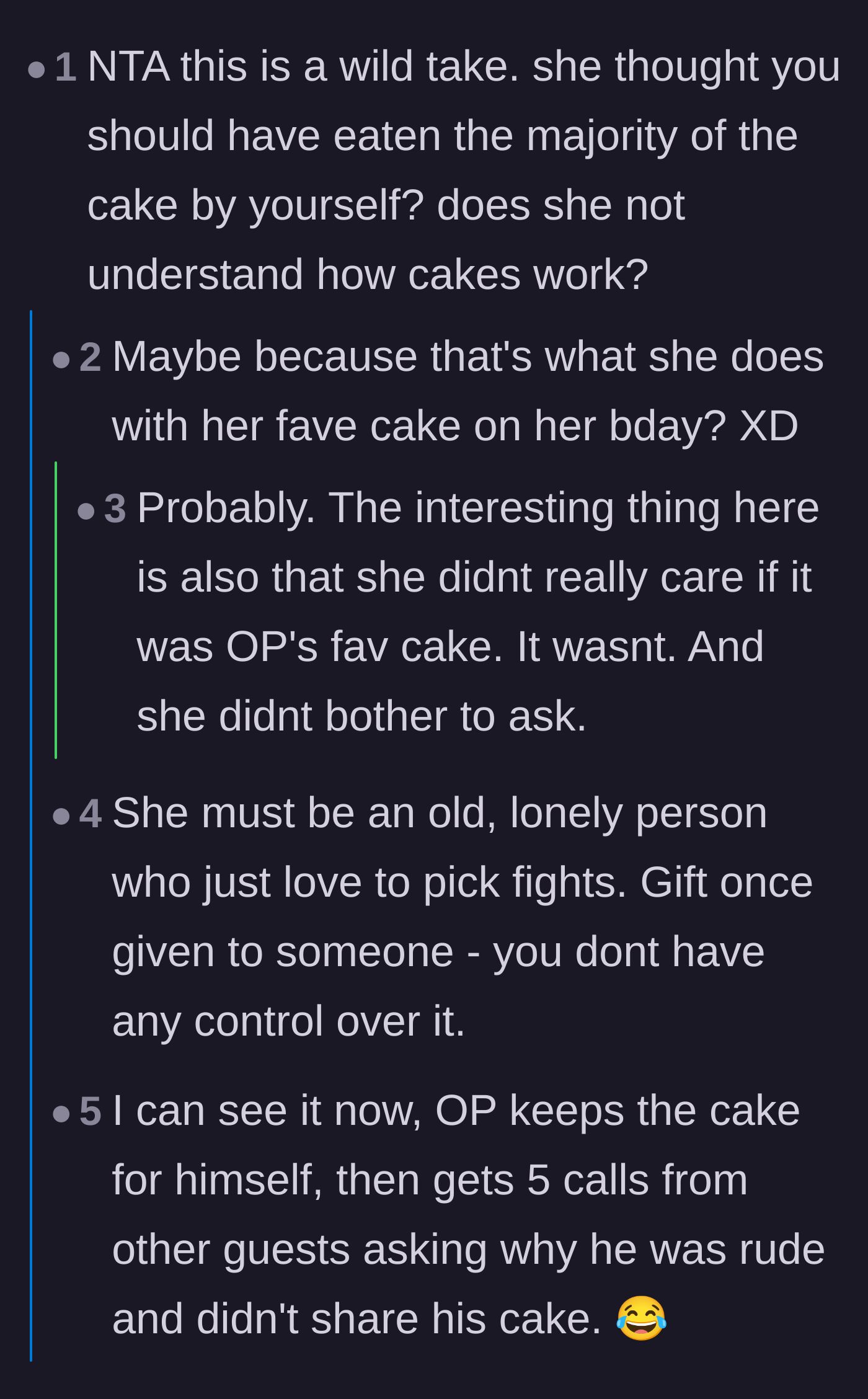 Comment thread 1 - A debate dismantling the aunt's bizarre expectation that the birthday boy should hoard the cake for himself.