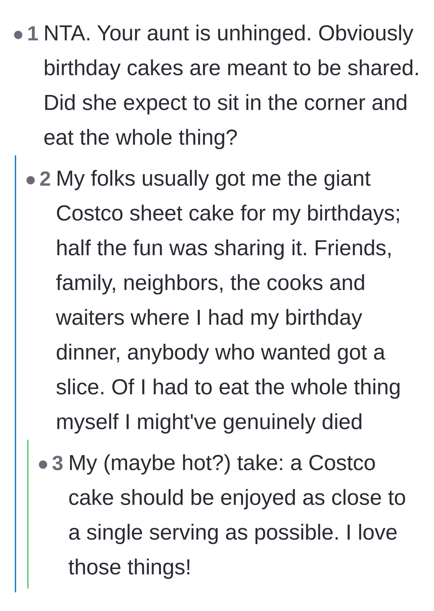 Comment thread 2 - Readers sharing stories about massive Costco cakes and the universal rule that birthday desserts are meant for sharing.