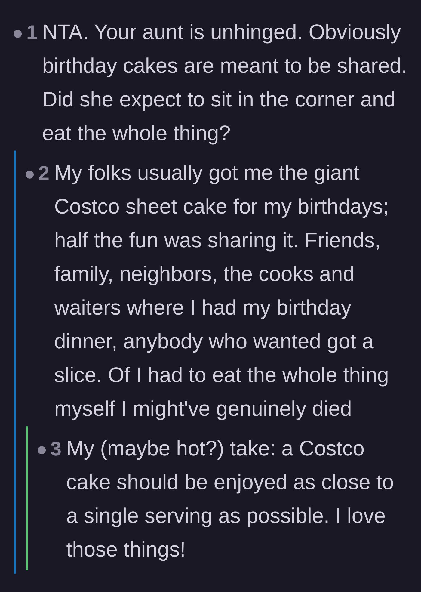Comment thread 2 - Readers sharing stories about massive Costco cakes and the universal rule that birthday desserts are meant for sharing.