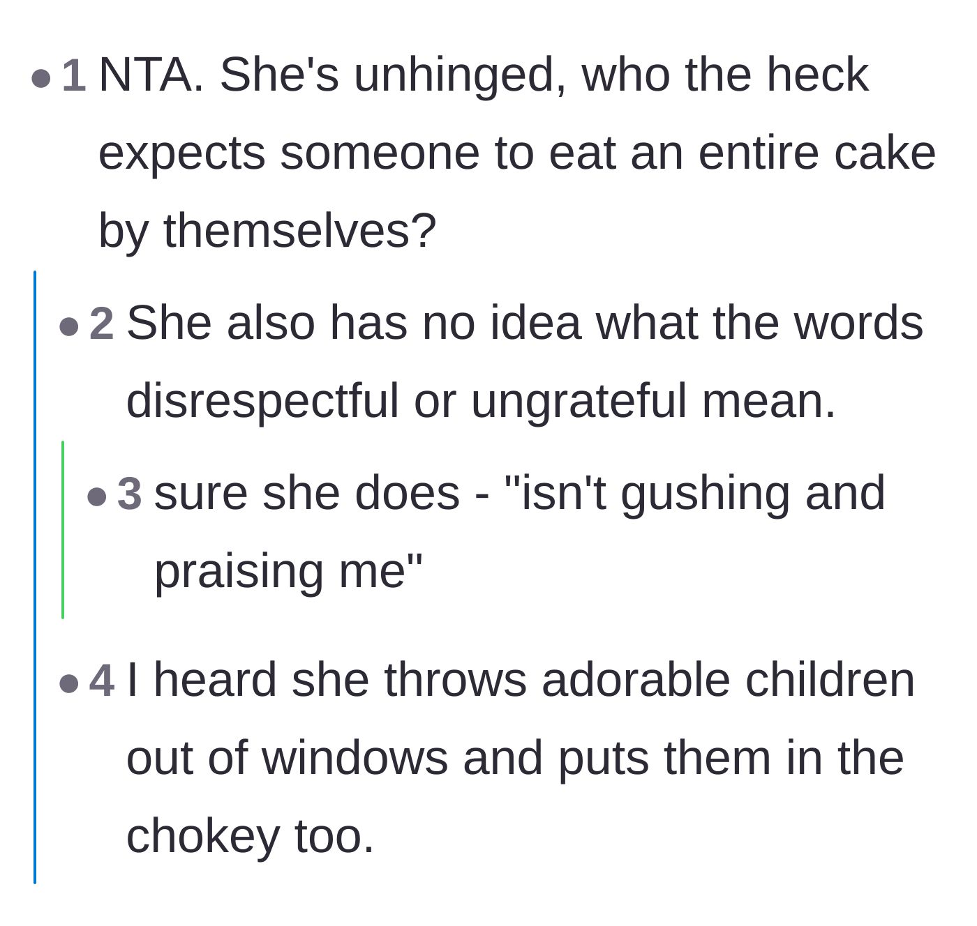 Comment thread 4 - Readers comparing the aunt's demanding behavior to a cartoon villain and calling out her misuse of the word ungrateful.