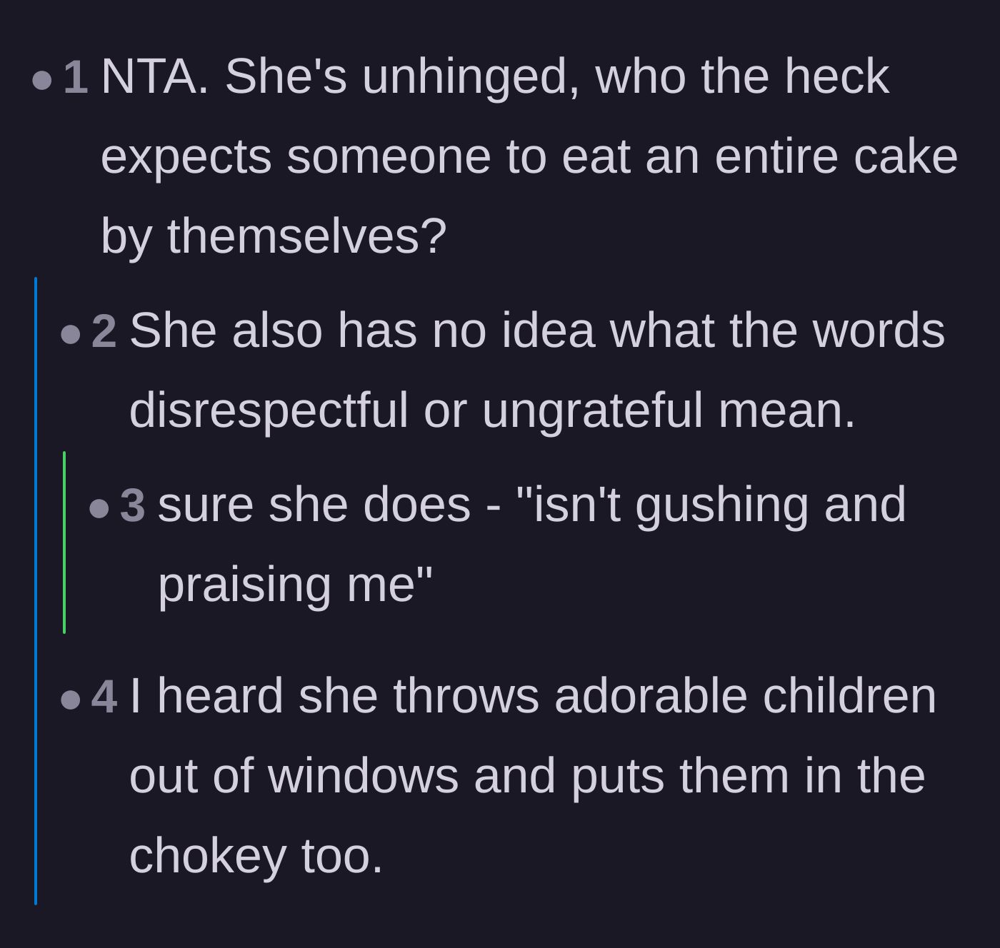 Comment thread 4 - Readers comparing the aunt's demanding behavior to a cartoon villain and calling out her misuse of the word ungrateful.