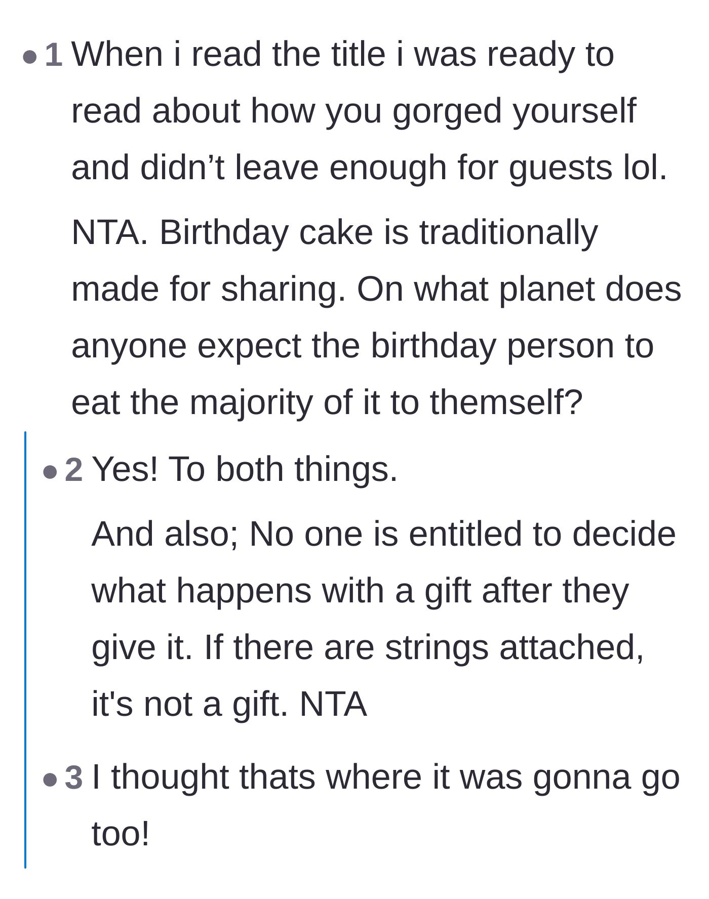 Comment thread 5 - A discussion on how the story subverted expectations, coupled with the reminder that true gifts don't come with strings attached.