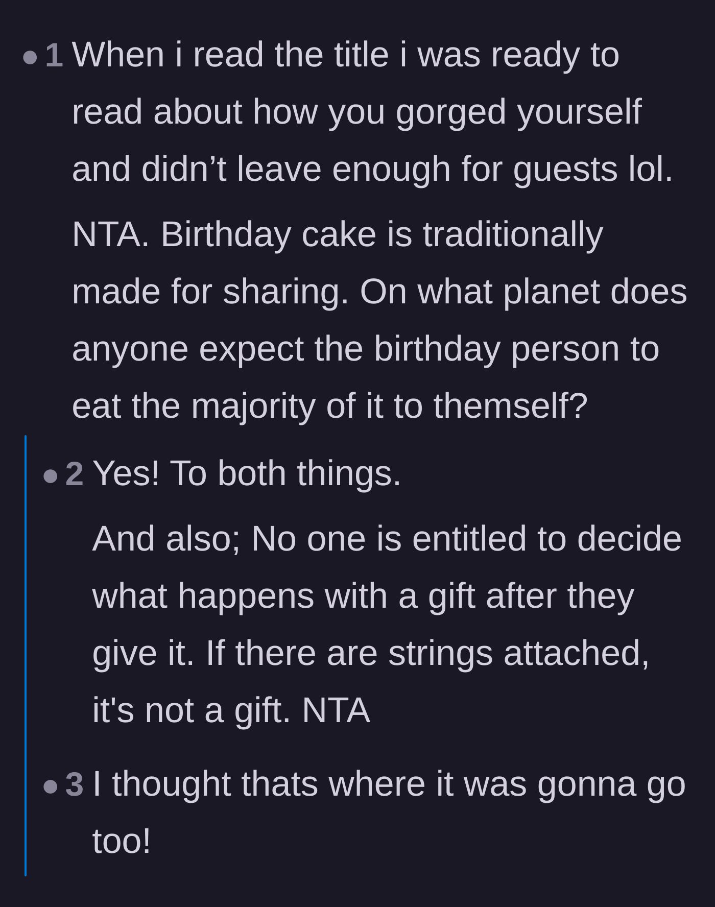 Comment thread 5 - A discussion on how the story subverted expectations, coupled with the reminder that true gifts don't come with strings attached.