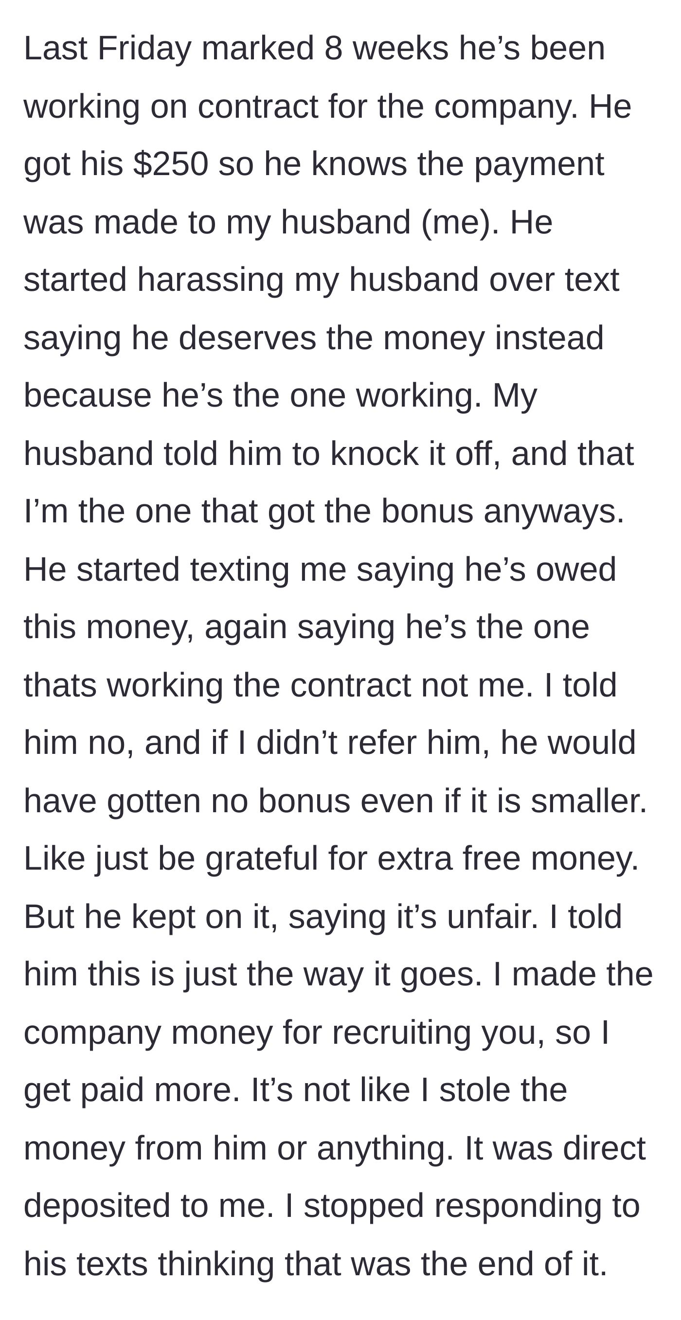 Story part 4 - The brother-in-law harasses the narrator after the bonuses are paid out