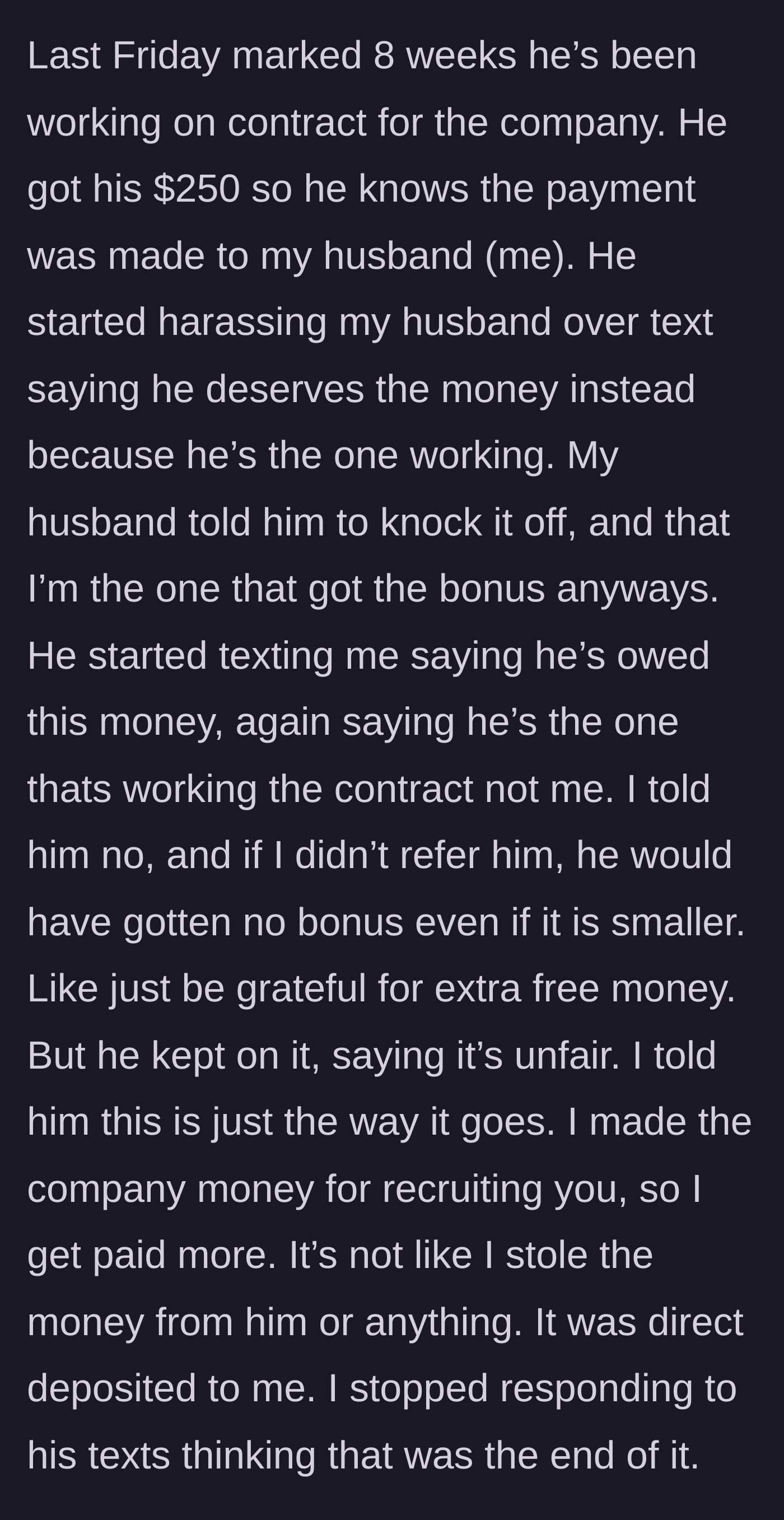 Story part 4 - The brother-in-law harasses the narrator after the bonuses are paid out